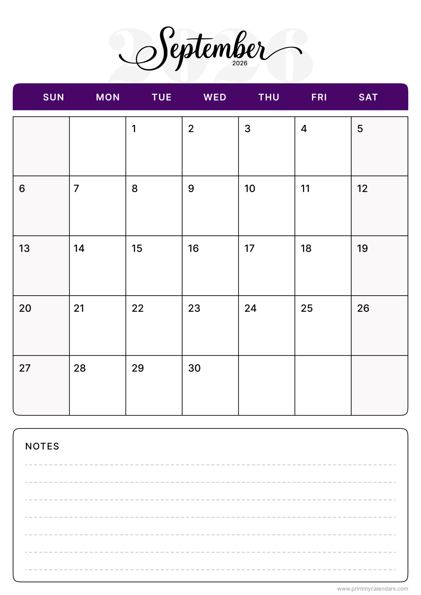 Free September Printable Calendar 2026 (PDF, Blank, Aesthetic)
