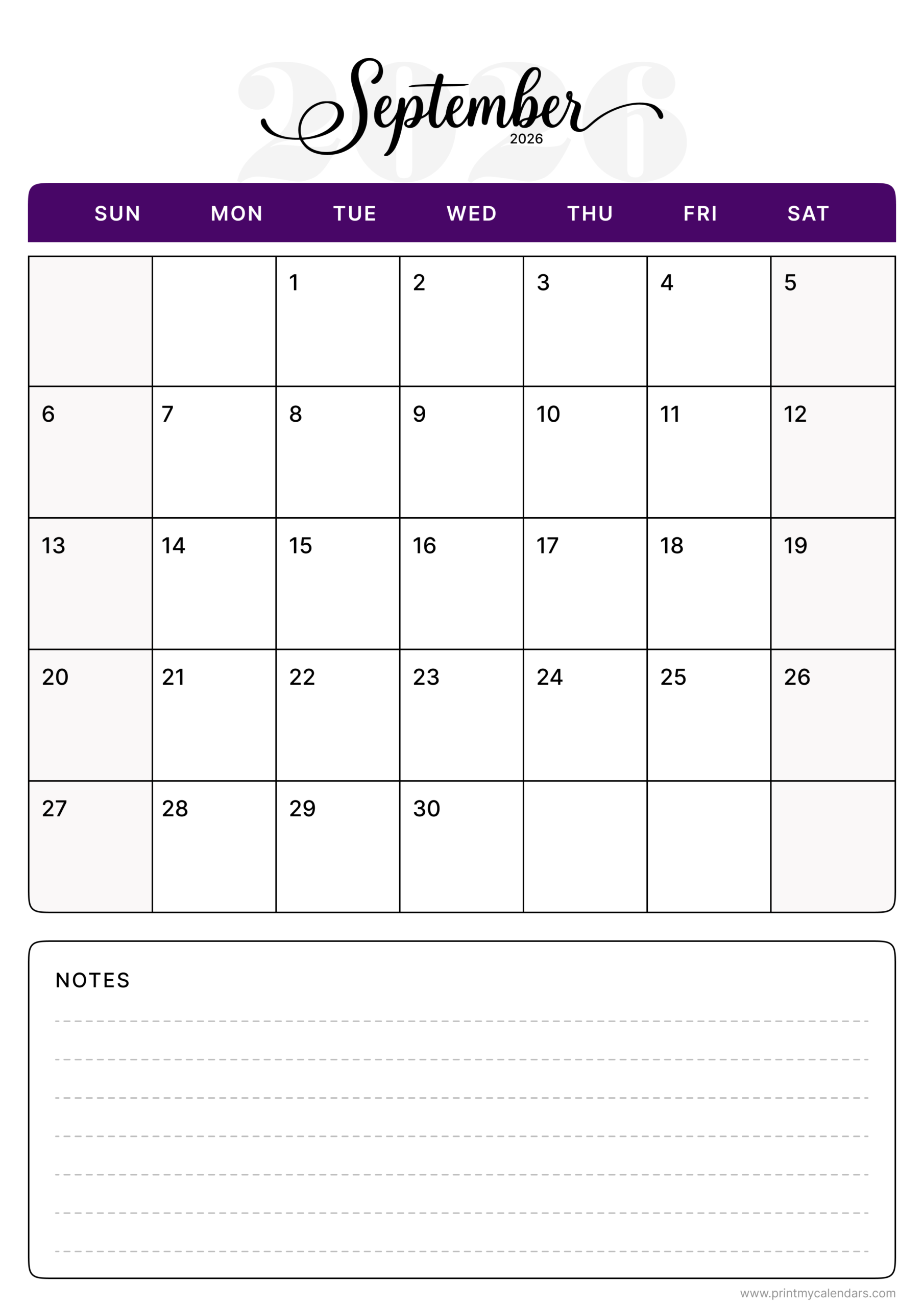Purple Cursive Banner September 2026 Calendar Portrait
