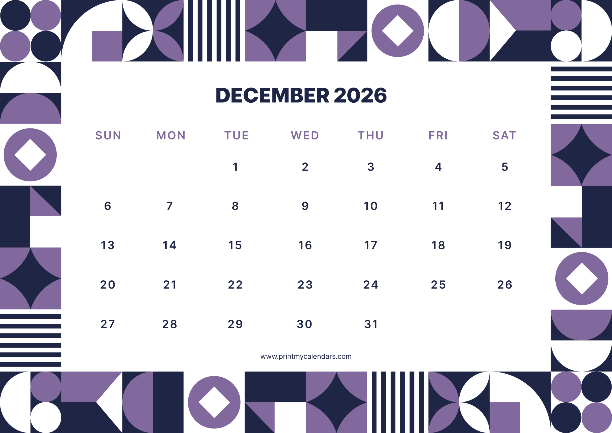 Purple Geometric Border December 2026 Calendar Landscape