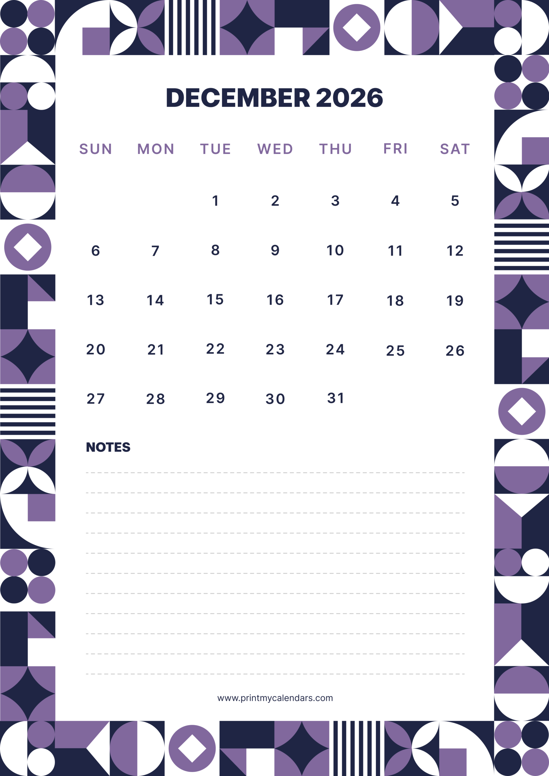 Purple Geometric Border December 2026 Calendar Portrait