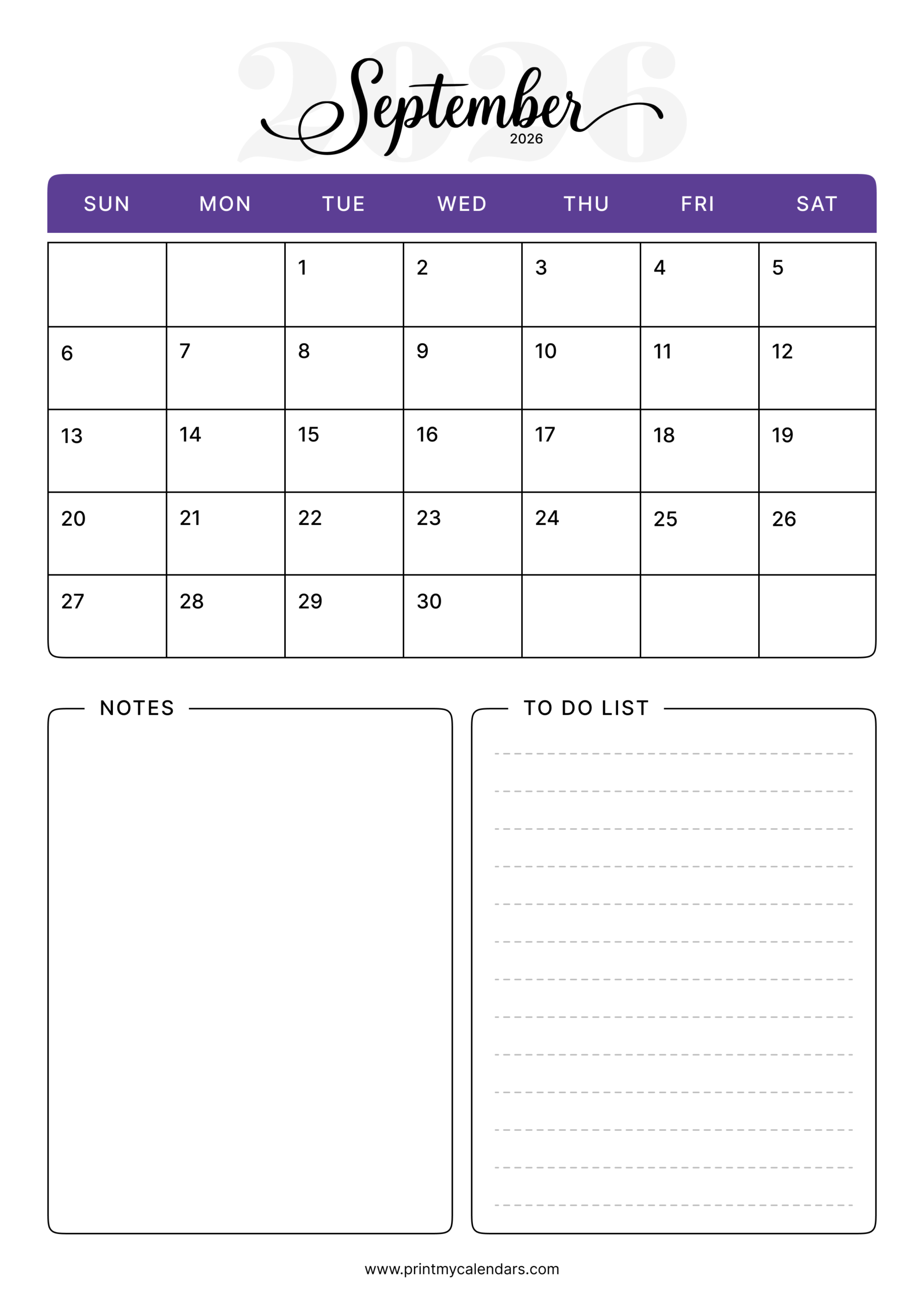 Purple Header with Notes/To-Do September 2026 Calendar Portrait