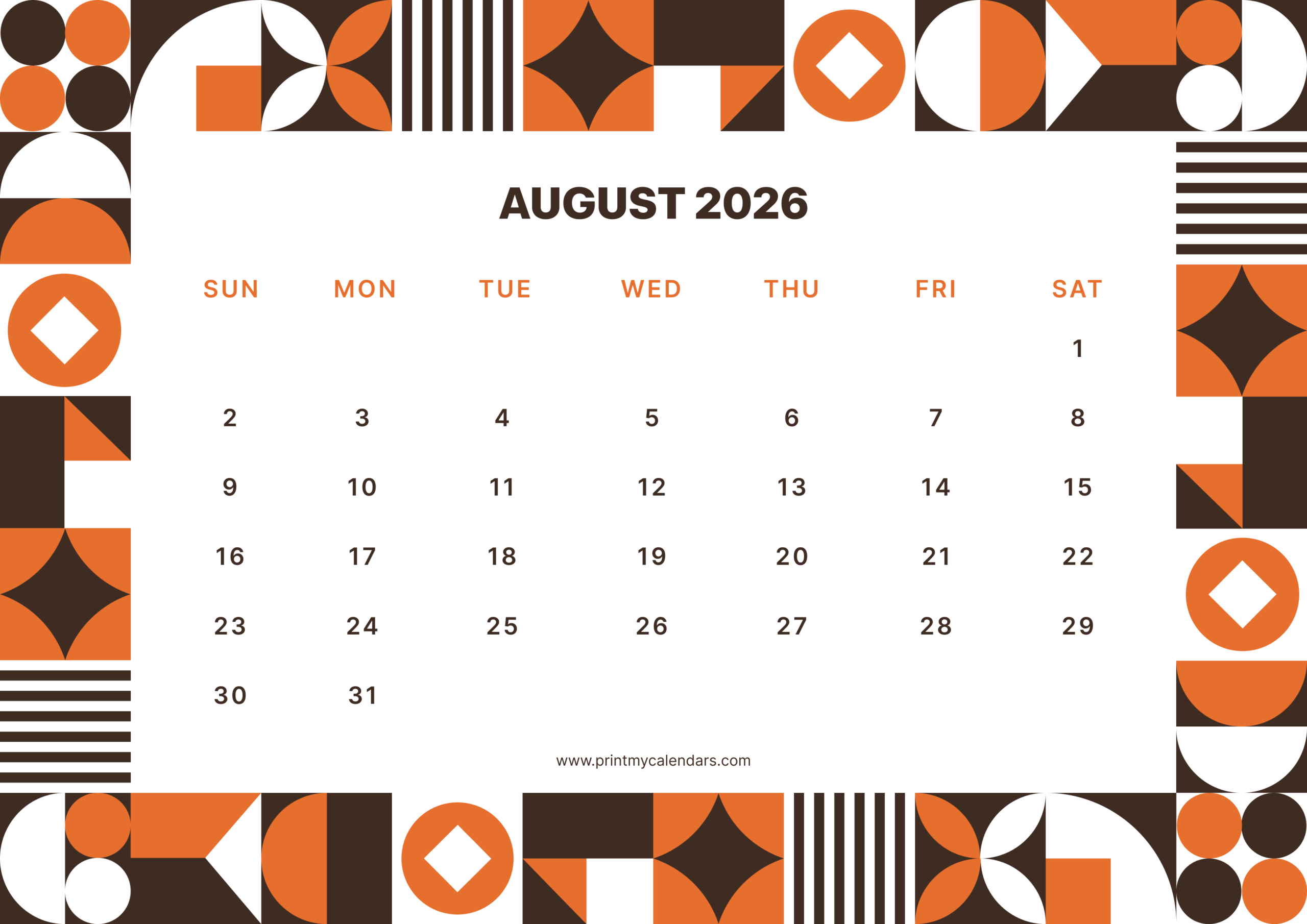Retro Geometric Design August 2026 Calendar Landscape