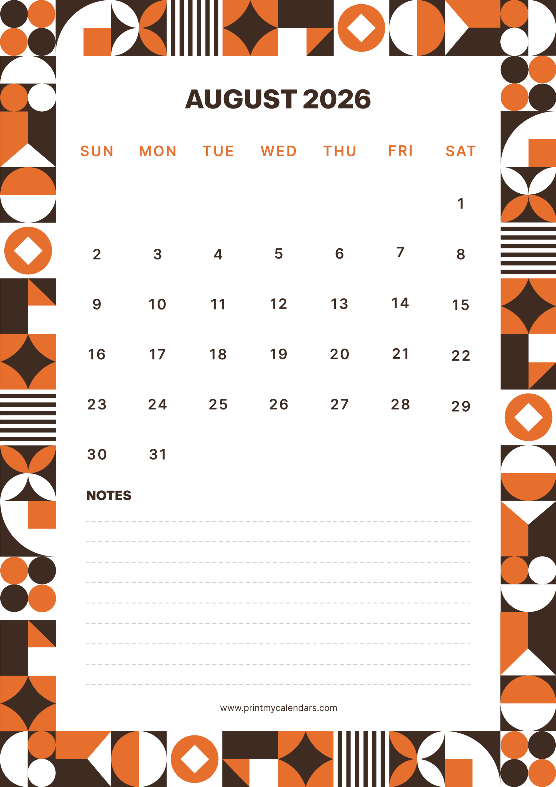 Retro Geometric Design August 2026 Calendar Portrait