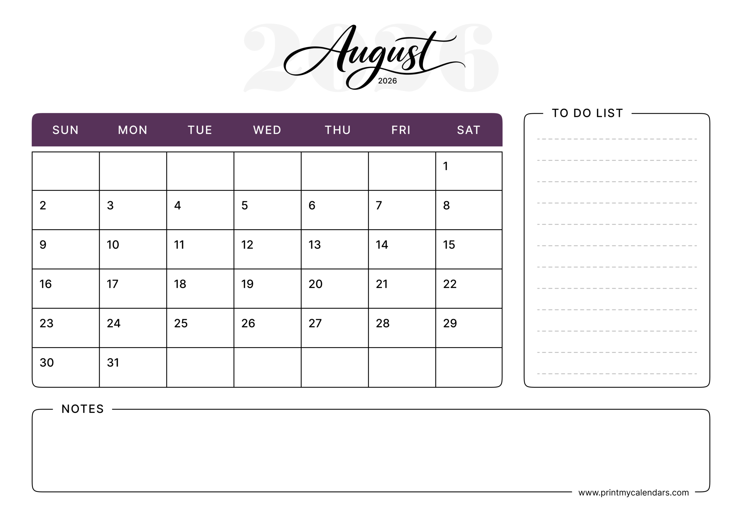 Split-List Productivity Design August 2026 Calendar Landscape