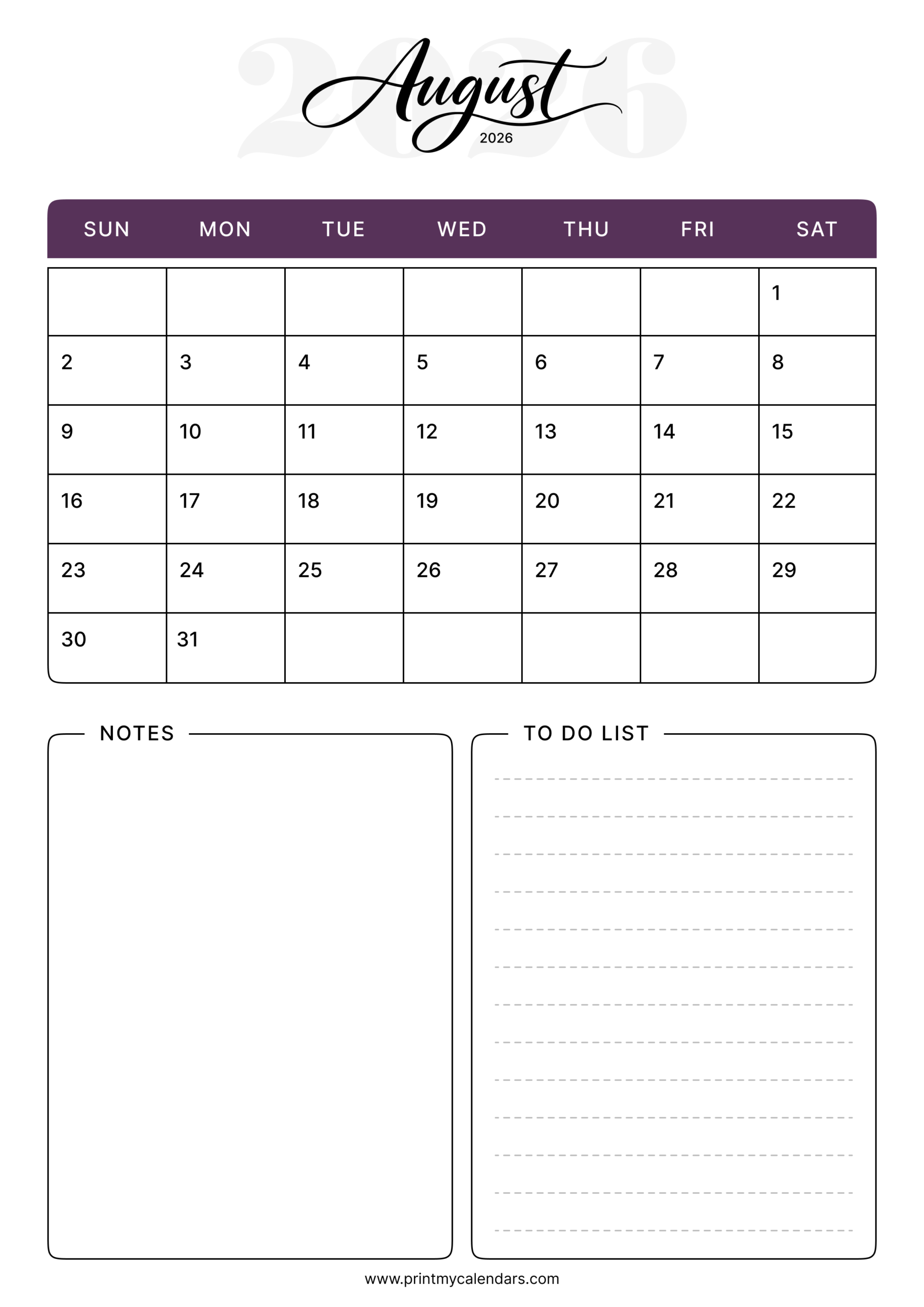 Split-List Productivity Design August 2026 Calendar Portrait
