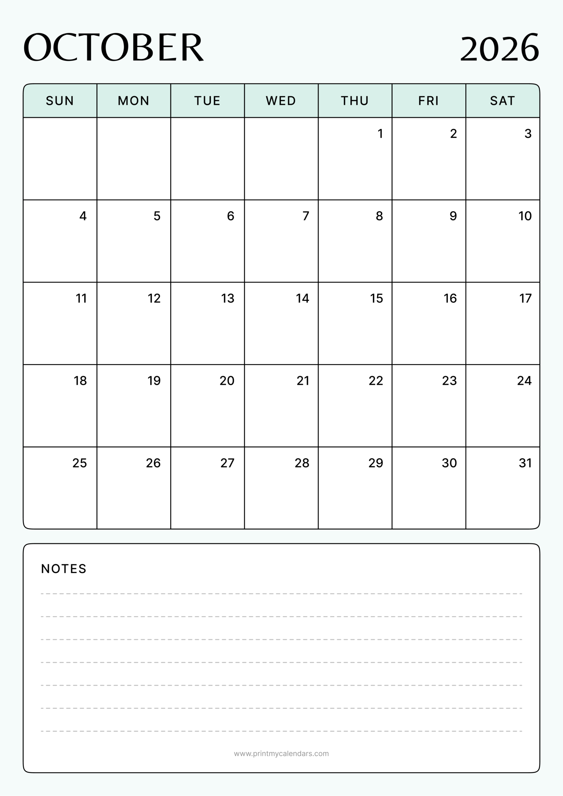 The Crisp Mint Minimalist Planner Printable Calendar 2026 - A4 Portrait