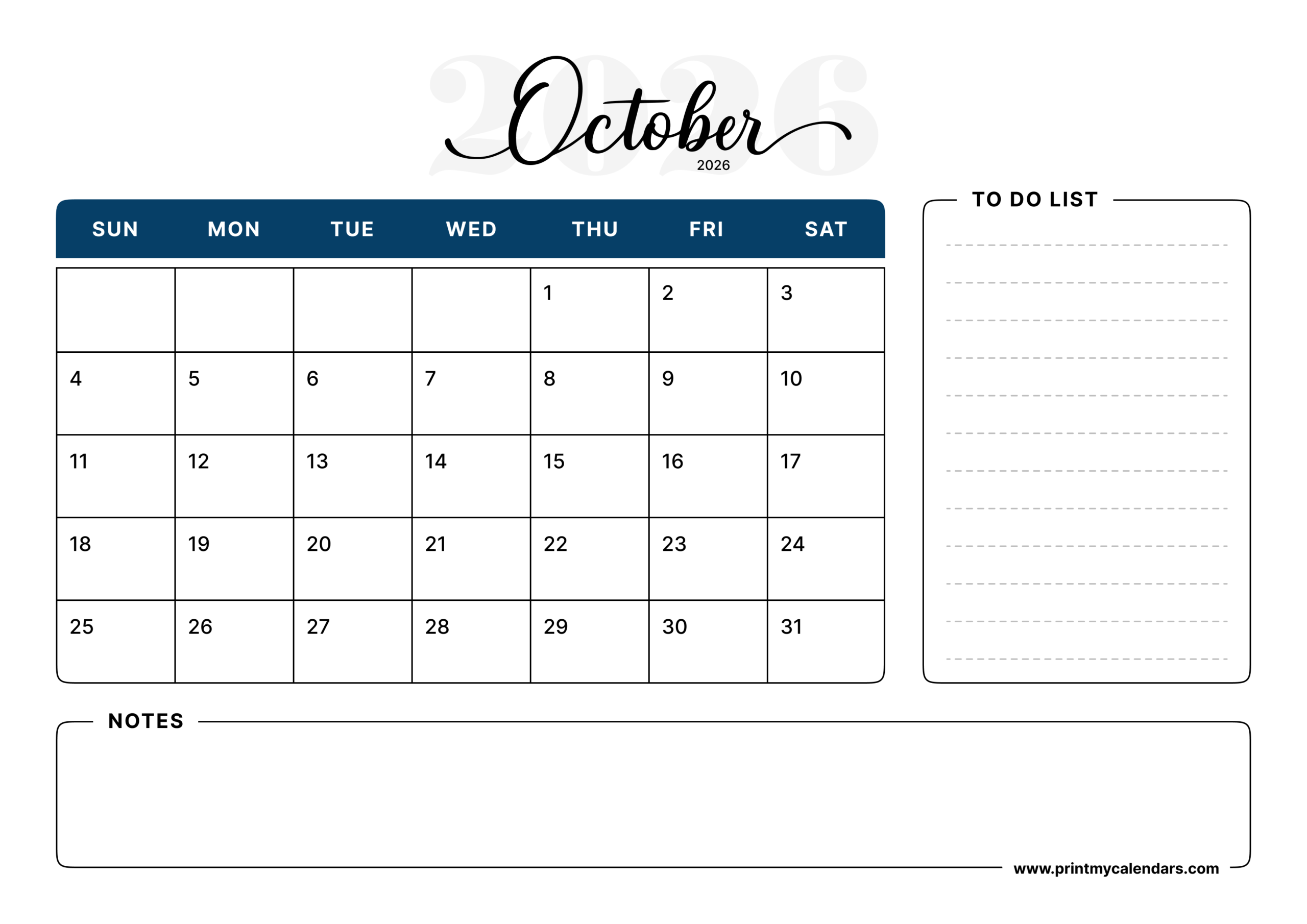 The Navy Elegance Printable October 2026 Calendar Landscape - A4