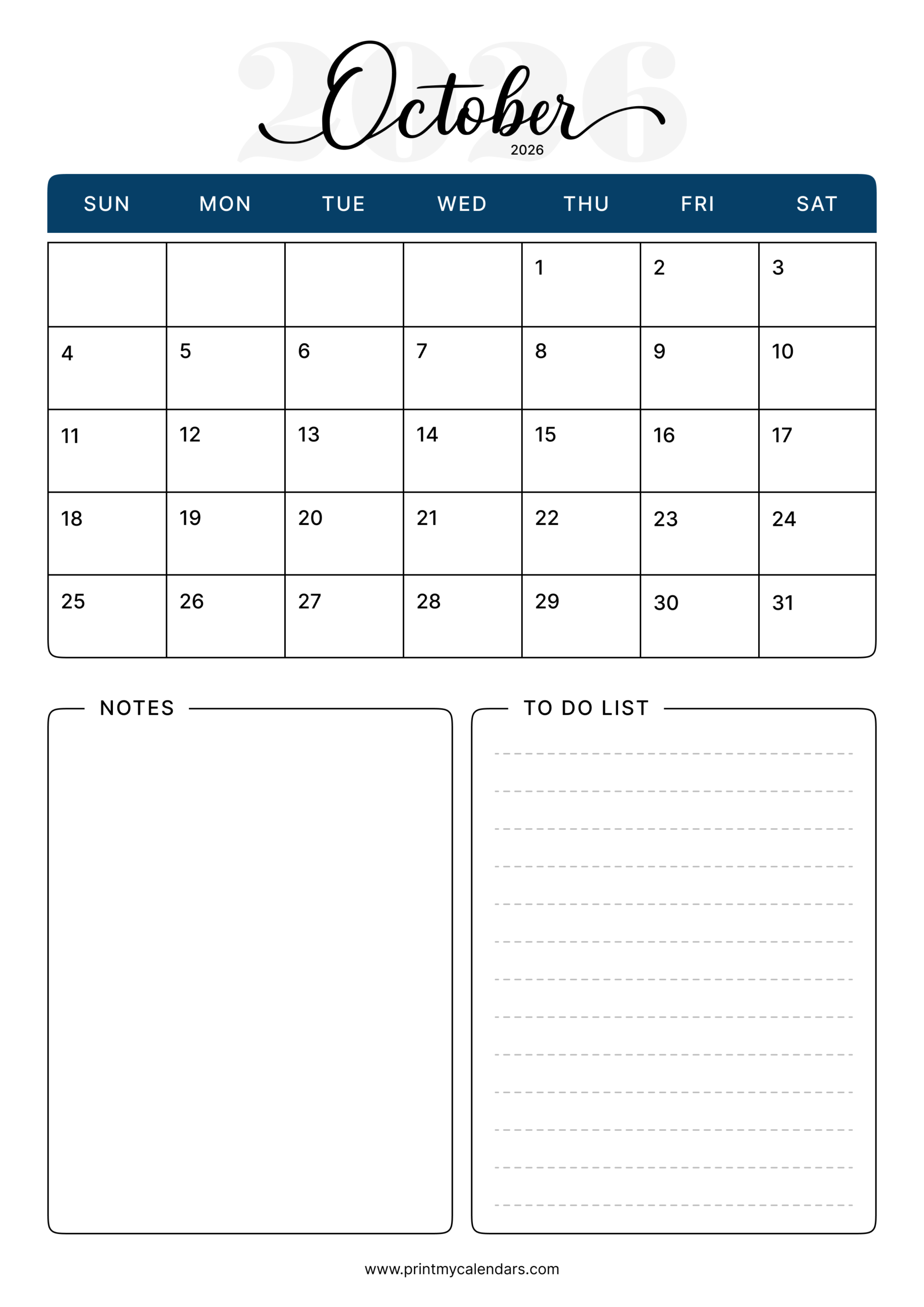 The Navy Elegance Printable October 2026 Calendar Portrait - A4