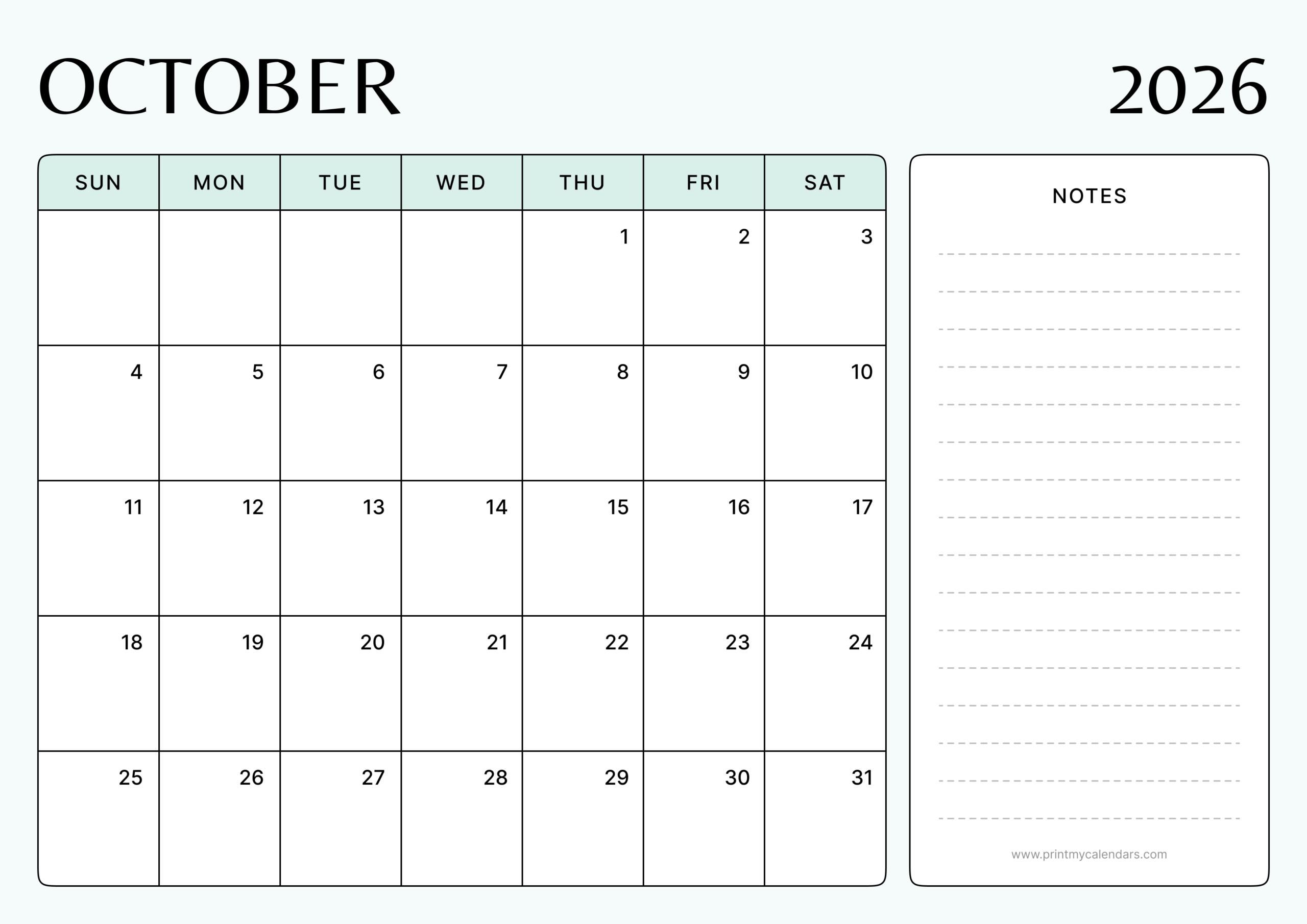 The Printable Crisp Mint Minimalist October Calendar Landscape - A4