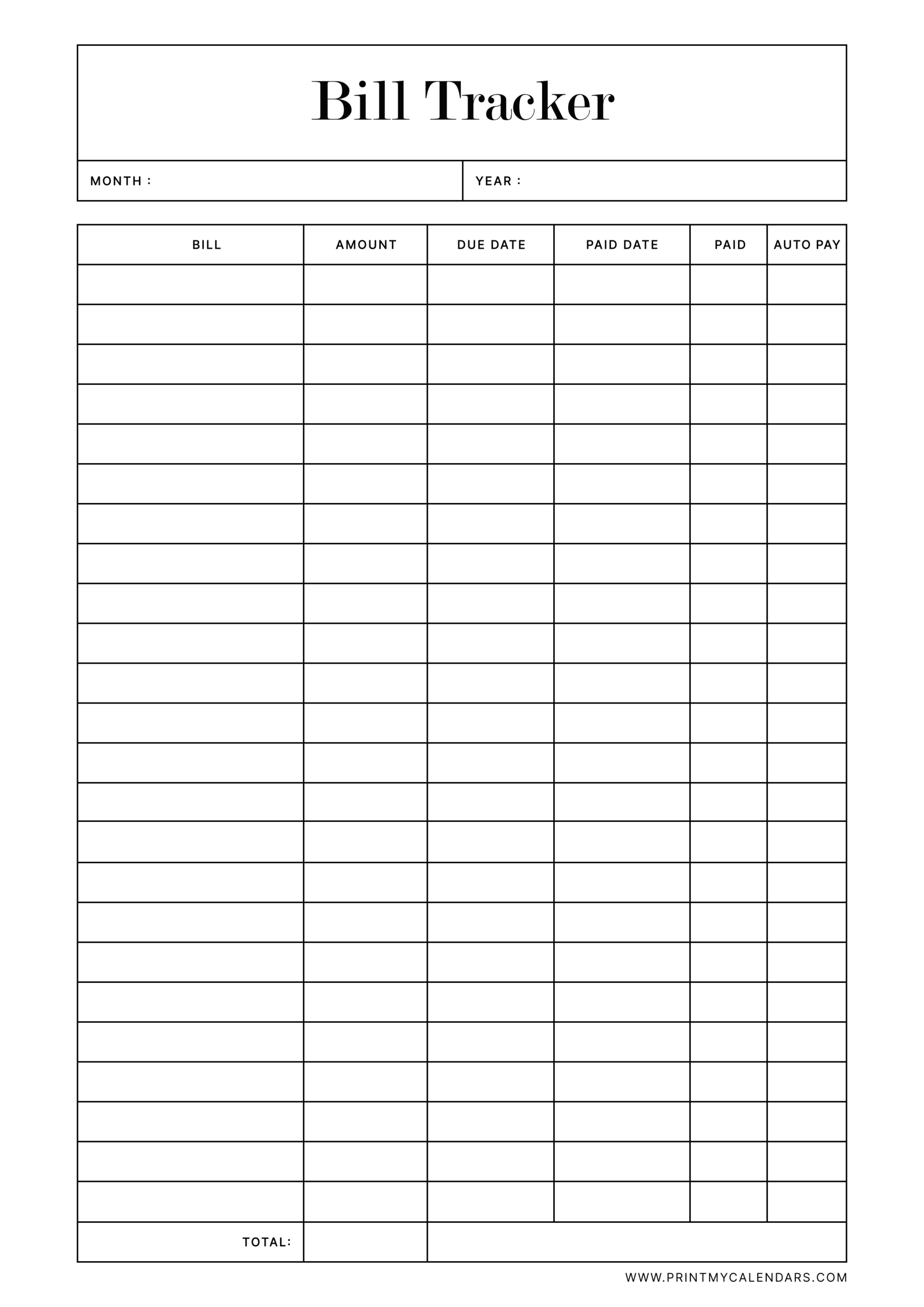 Bill Tracker Printable - A4