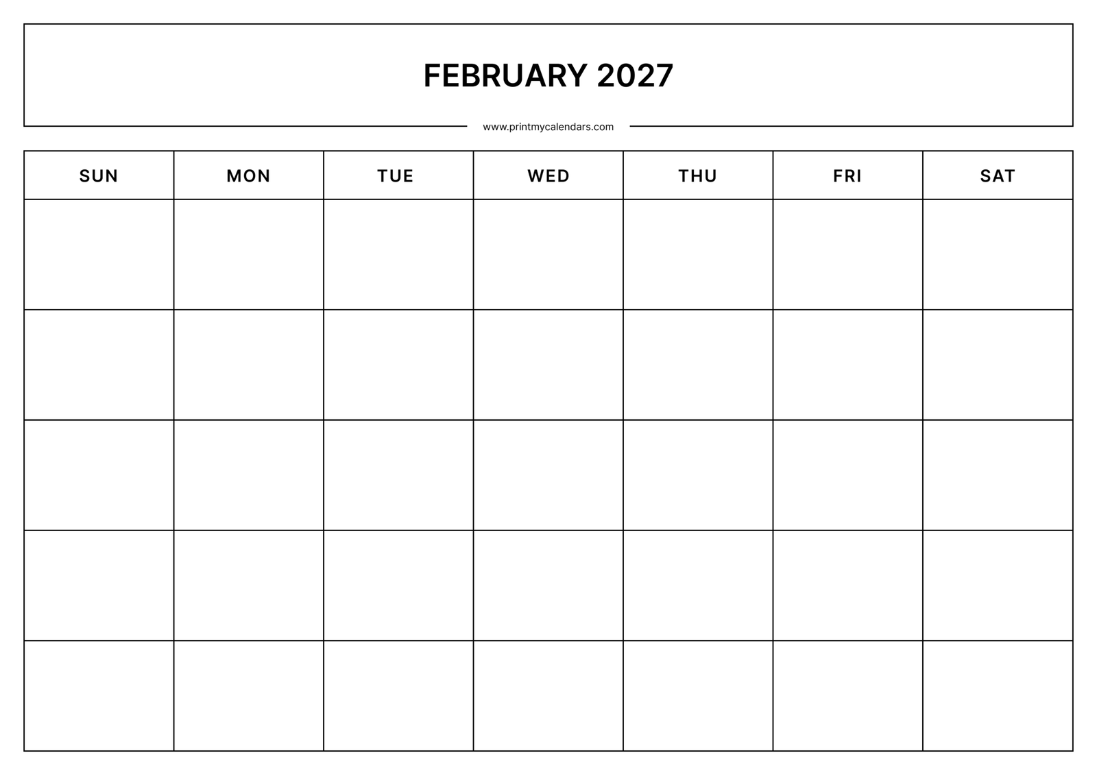 Blank February 2027 Calendar Landscape