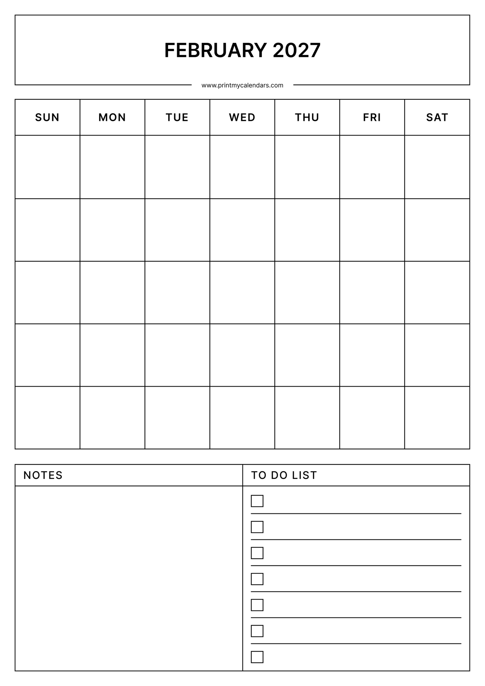 Blank February 2027 Calendar Portrait - A4
