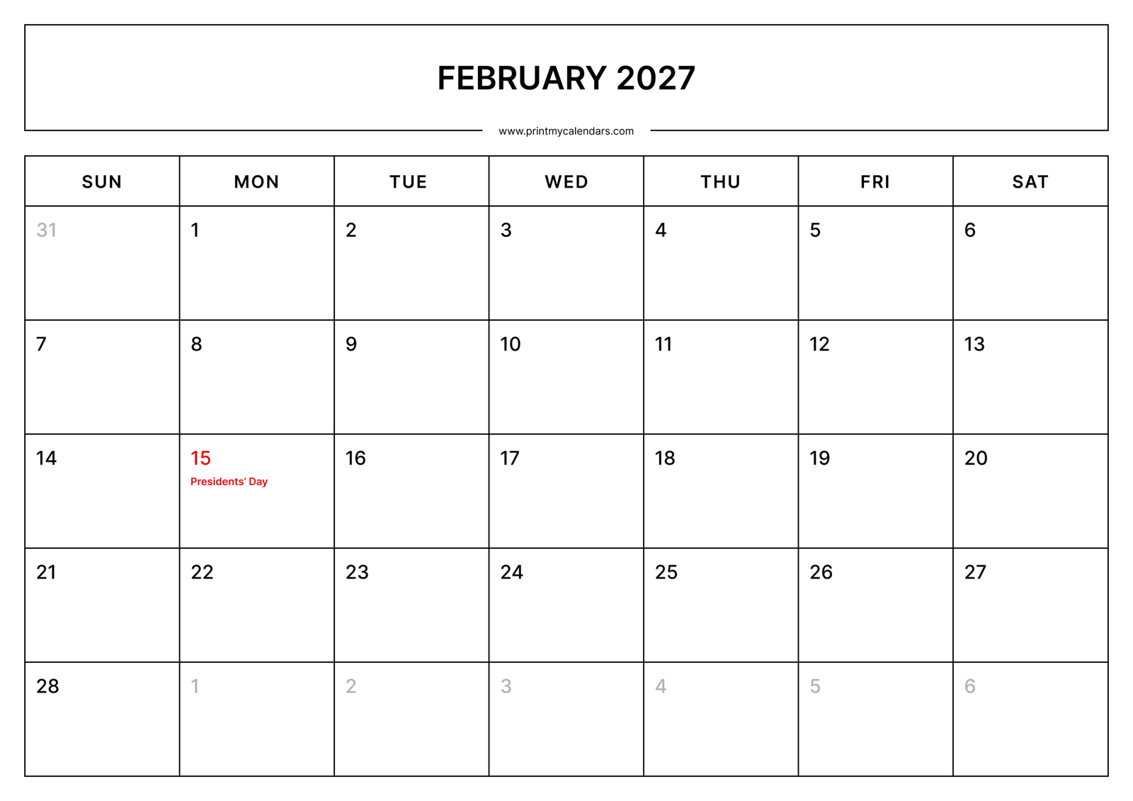 February 2027 Calendar with Holidays - Landscape