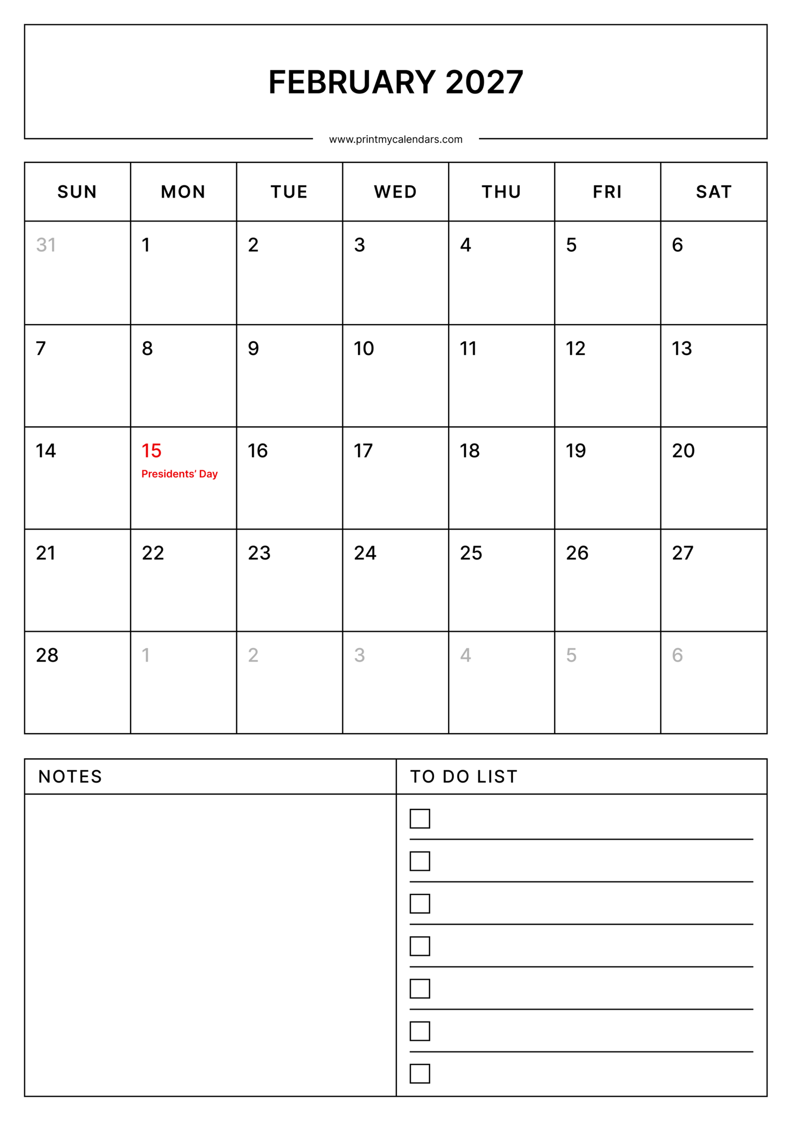 February 2027 Calendar with Holidays - Portrait