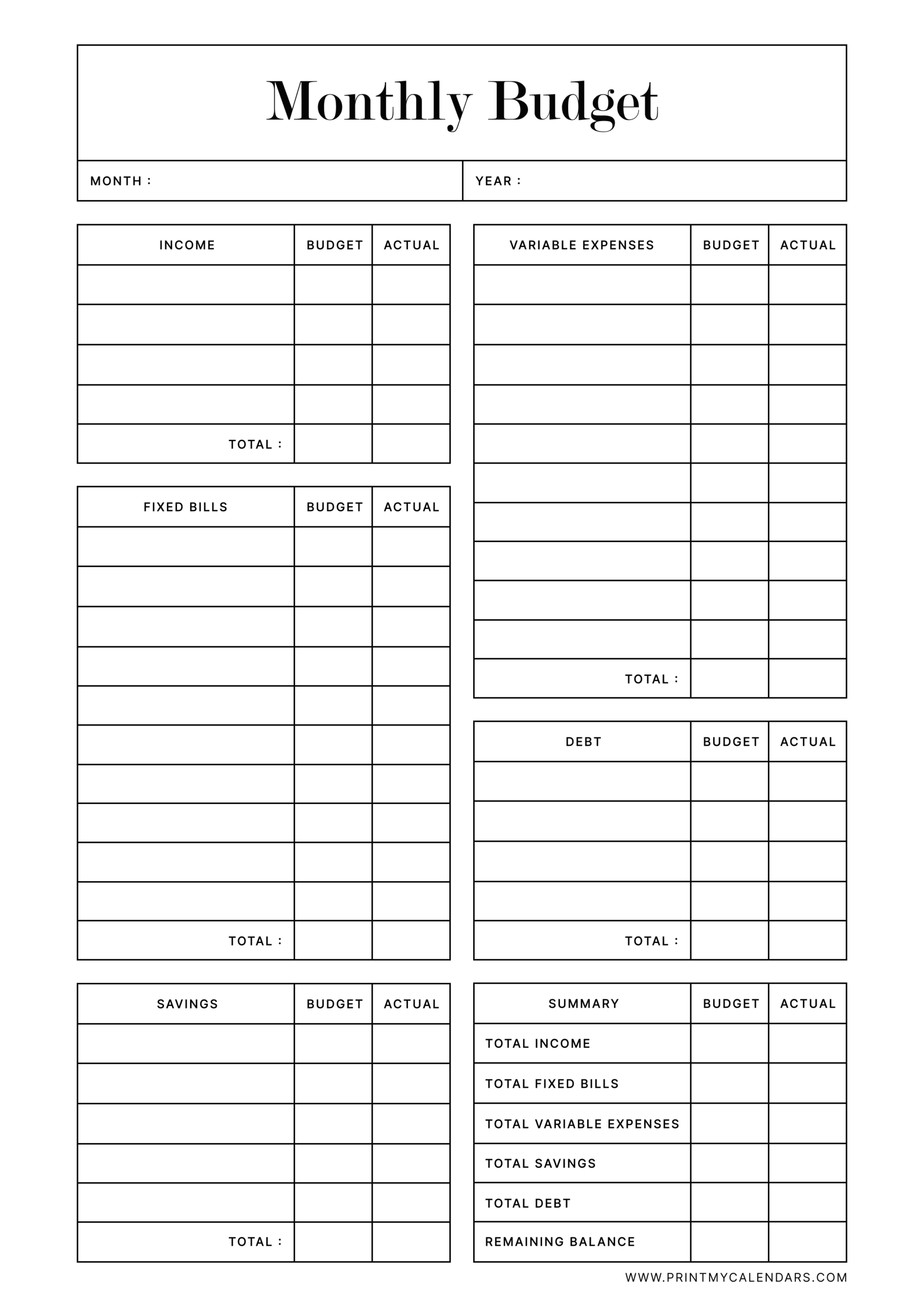 Monthly Budget Planner Printable