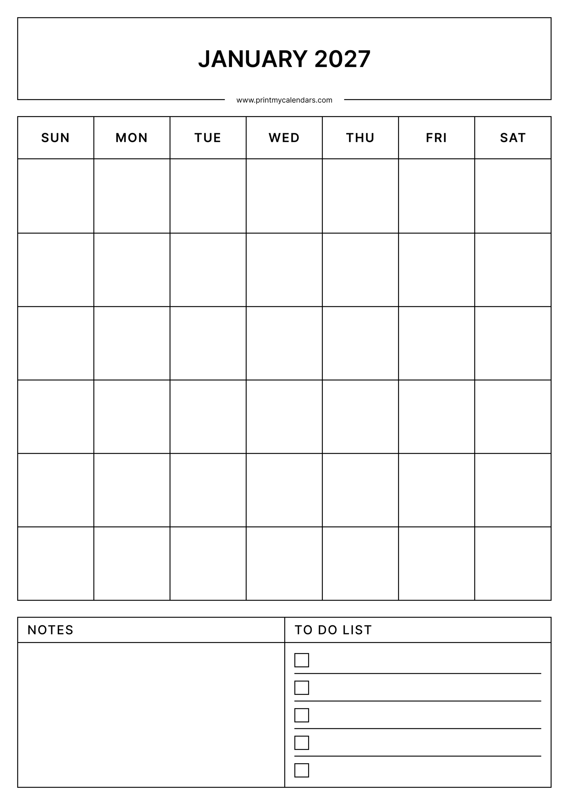 Blank January 2026 Calendar Portrait