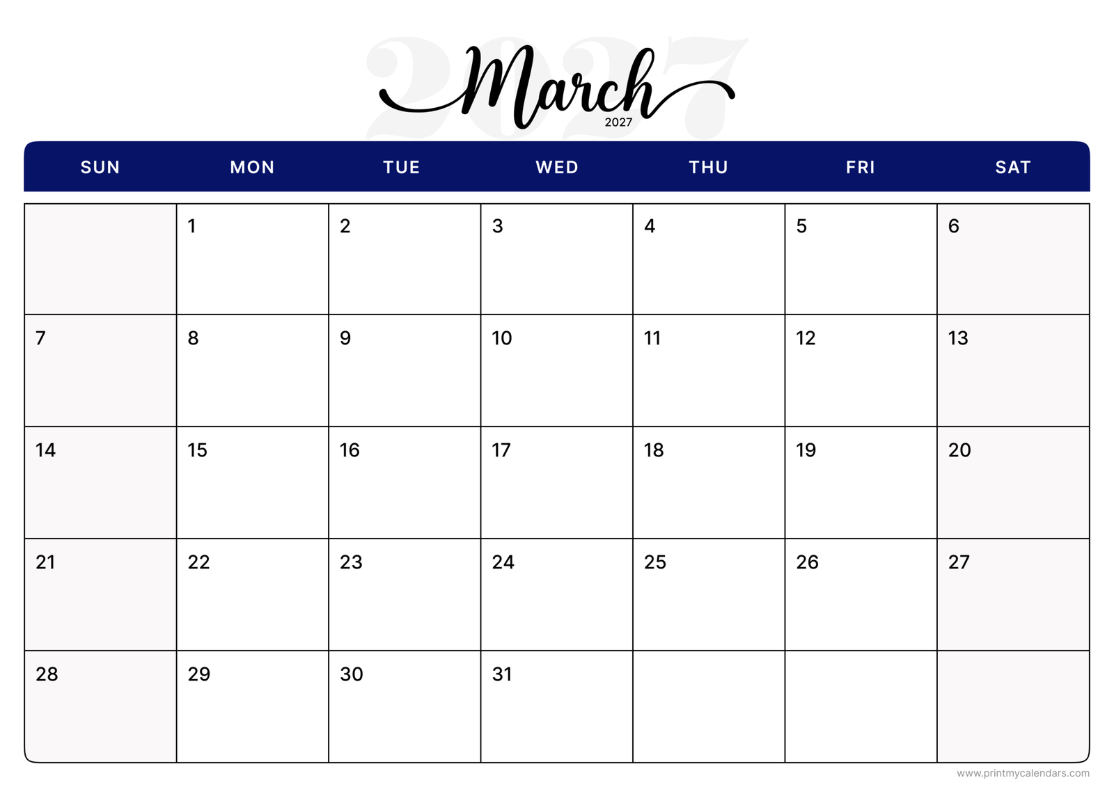 Printable Classic Navy Elegance March calendar 2027 Landscape A4