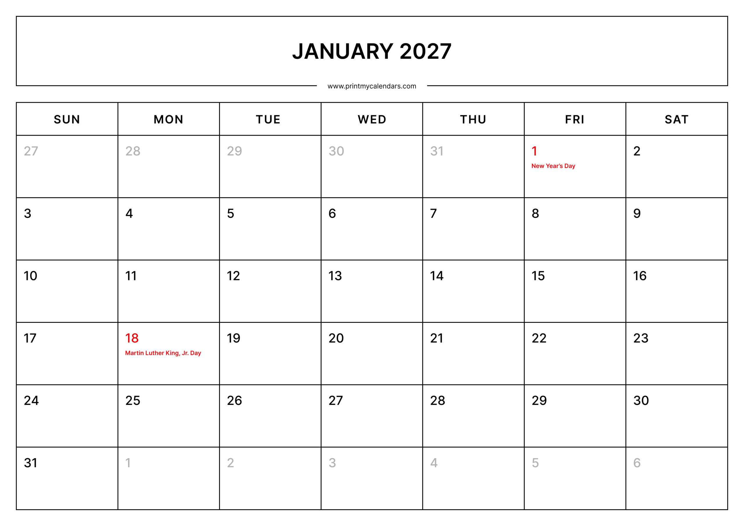 Printable January Calendar with Holidays 2027 - Landscape