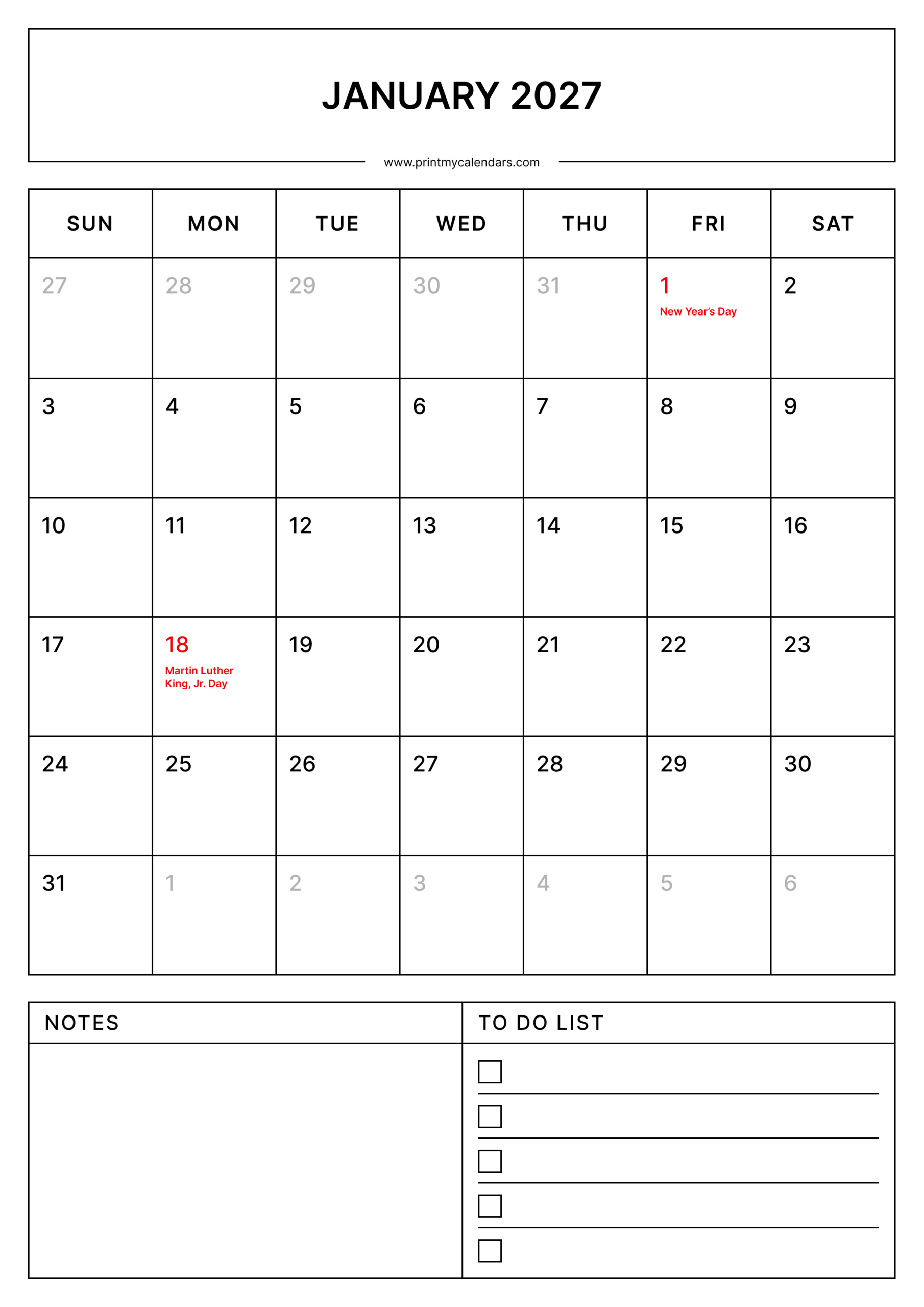 Printable January Calendar with Holidays 2027 - Portrait