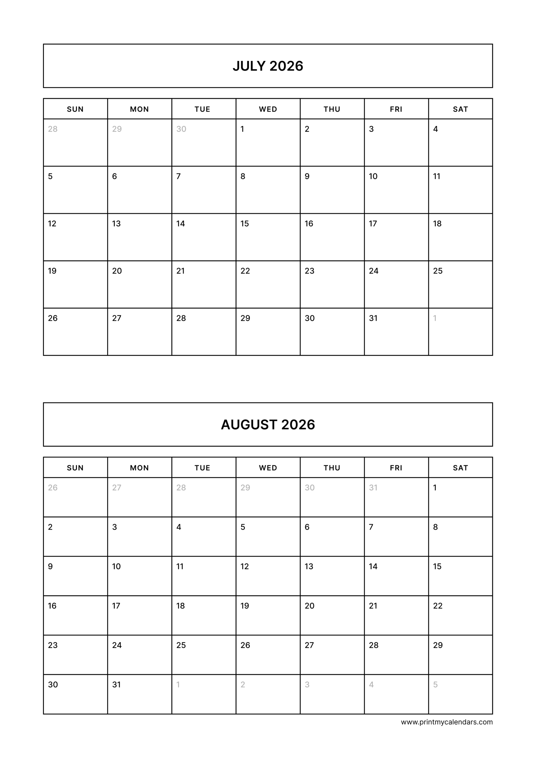 Printable July August Calendar 2026 Portrait – A4