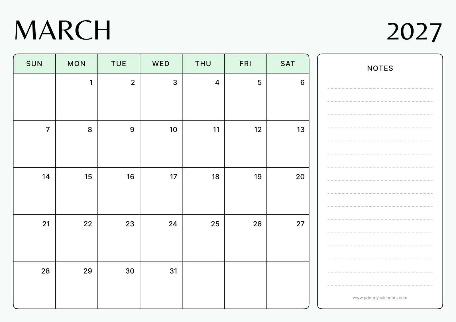 Printable Minimalist Mint Green Design March calendar 2027 Landscape A4