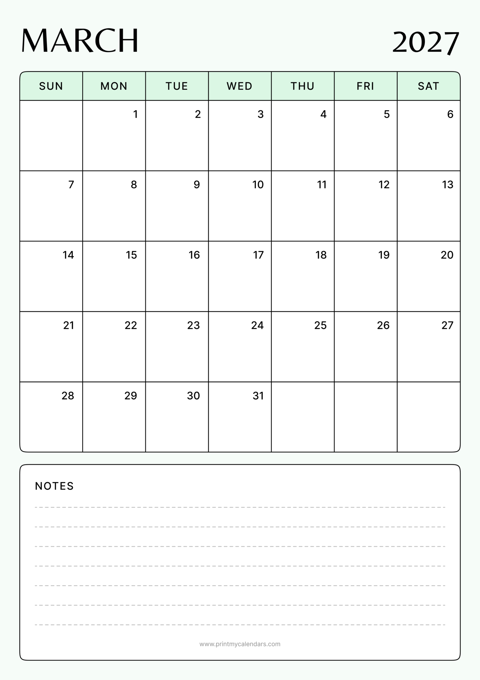 Printable Minimalist Mint Green Design March calendar 2027 Portrait A4