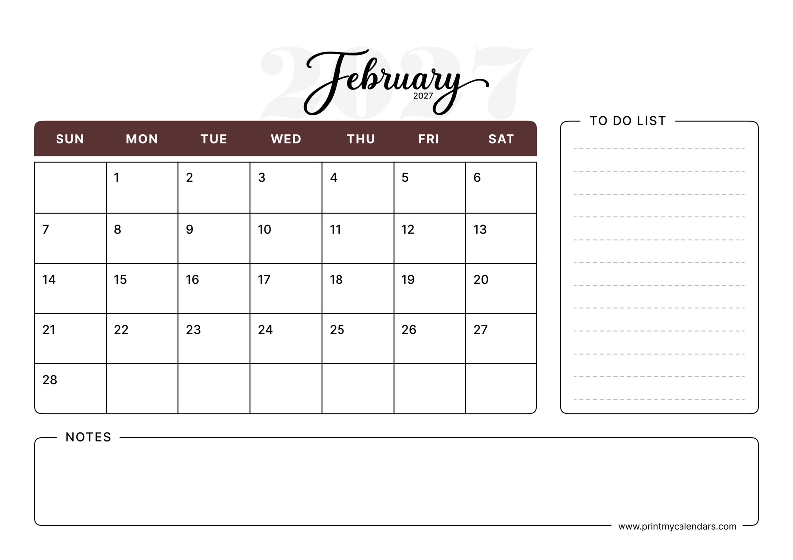 Clean Mocha Script Classic February 2027 Calendar Landscape