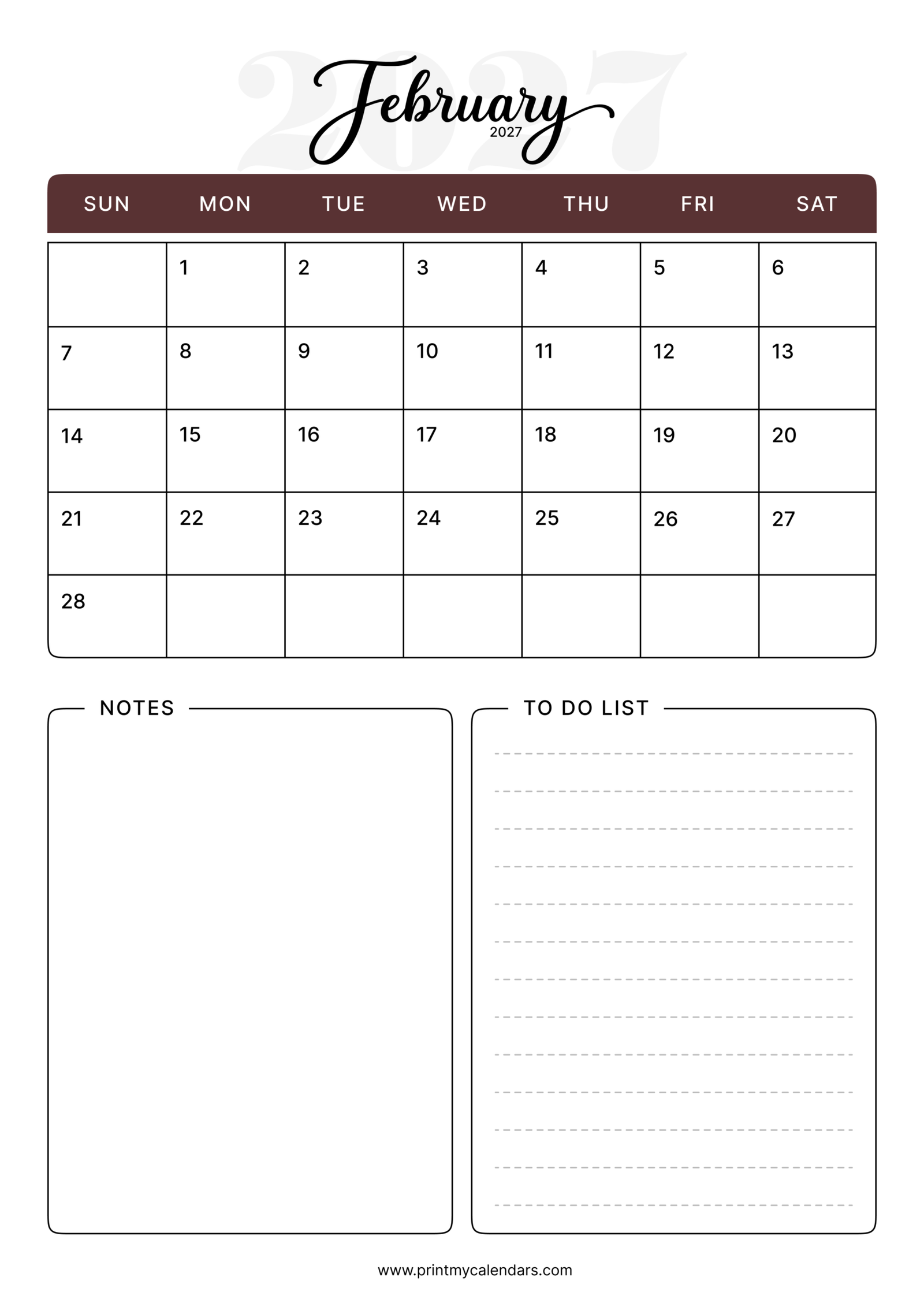 Mocha Script Classic February 2027 Calendar Portrait