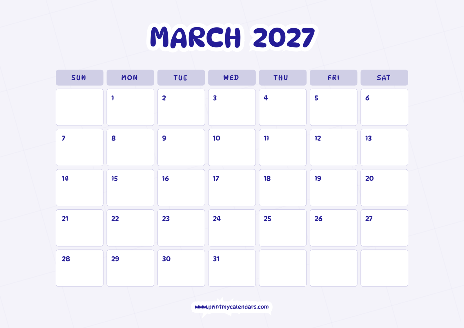 Printable Playful Purple Productivity March calendar 2027 Landscape A4