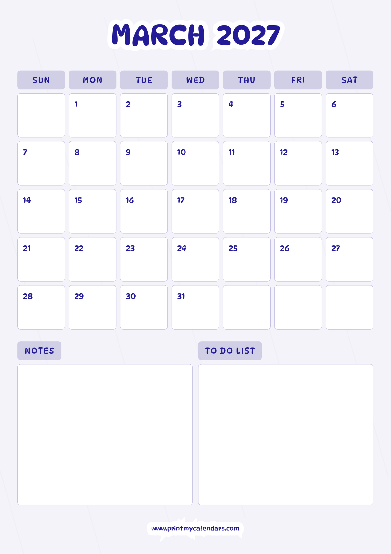 Printable Playful Purple Productivity March calendar 2027 Portrait A4