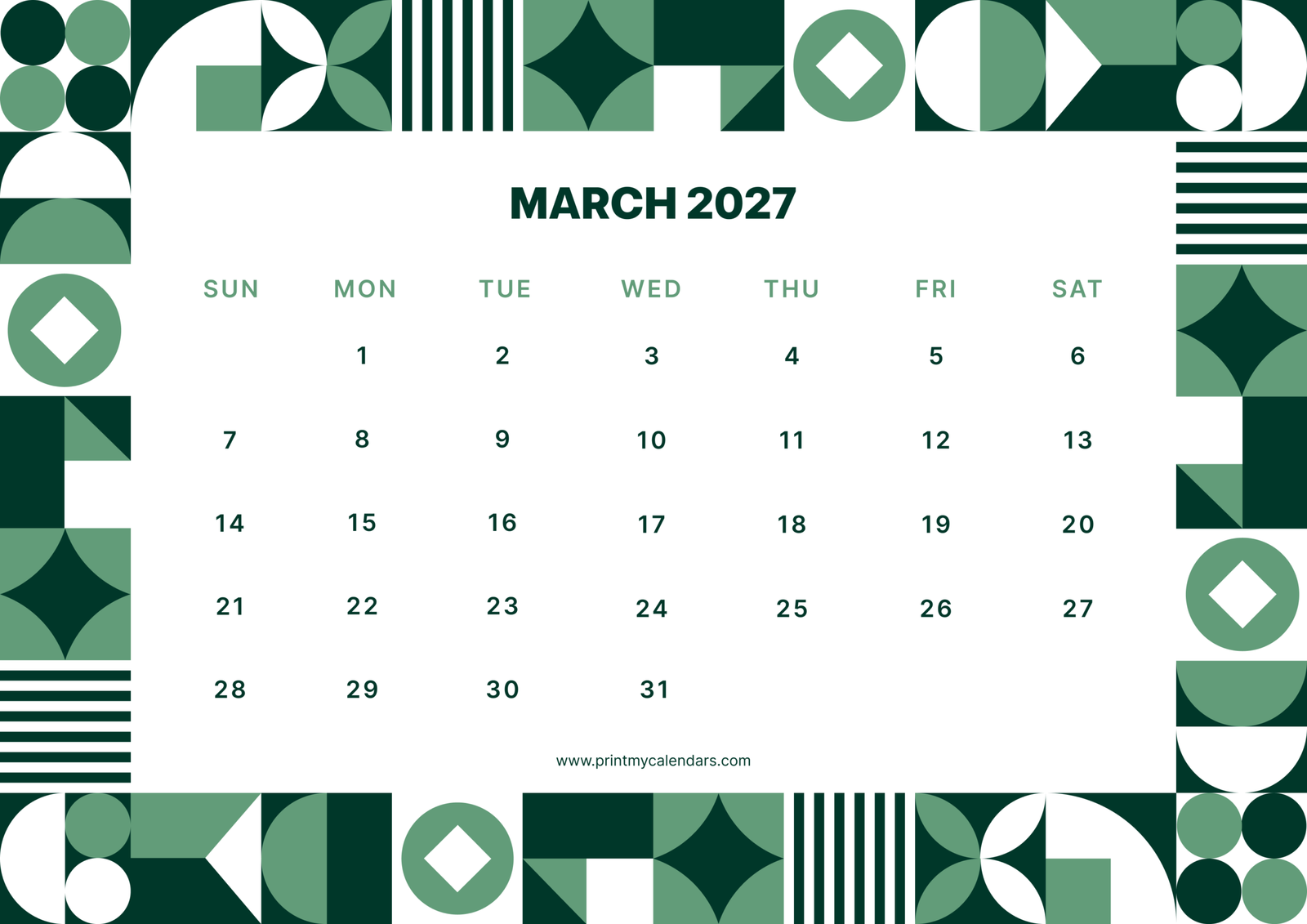 Printable Retro Green Geometric March calendar 2027 Landscape A4