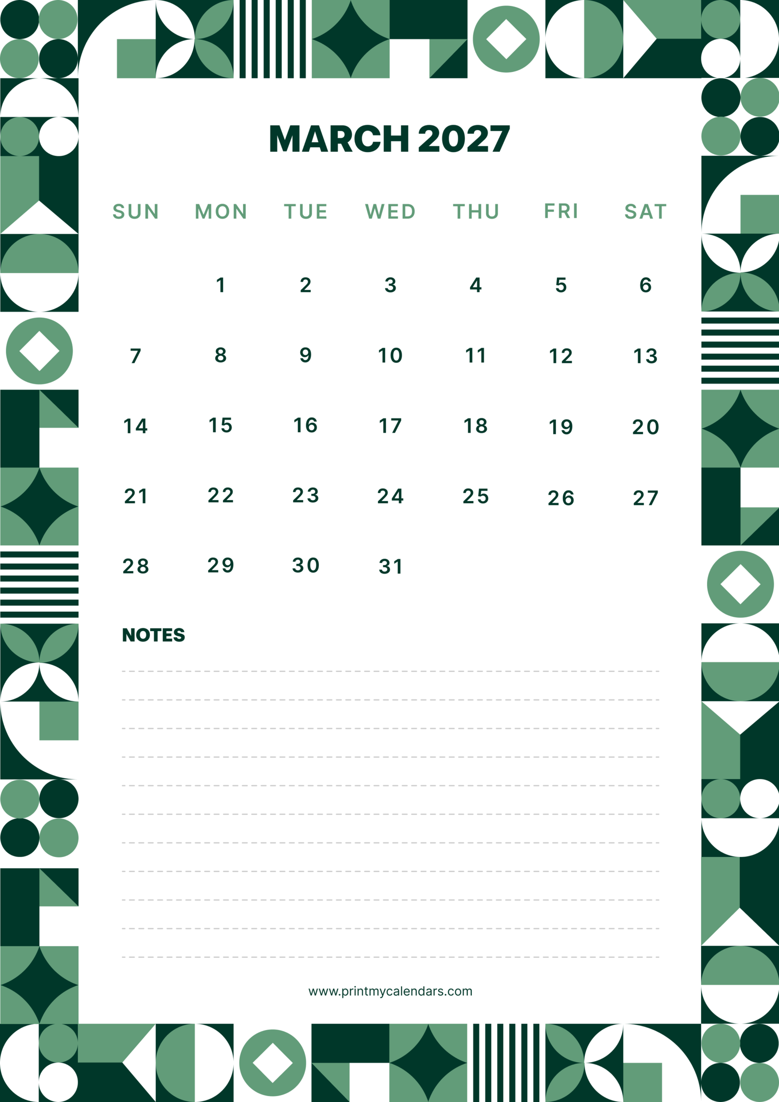 Printable Retro Green Geometric March calendar 2027 Portrait A4
