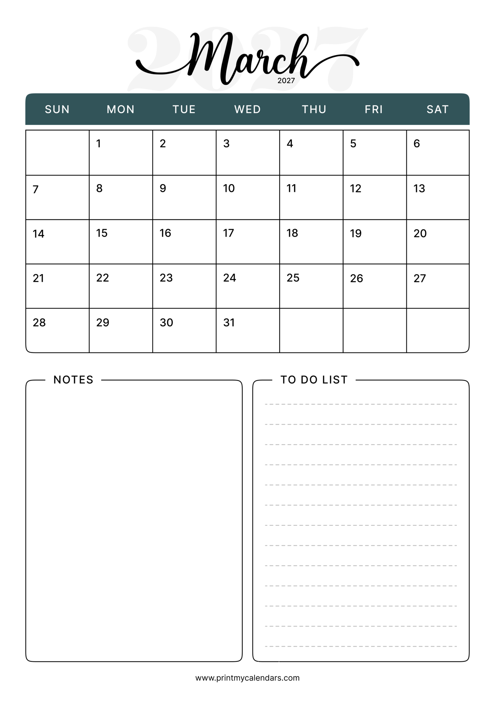 Printable Slate Grey Comprehensive March Calendar 2027 Portrait A4