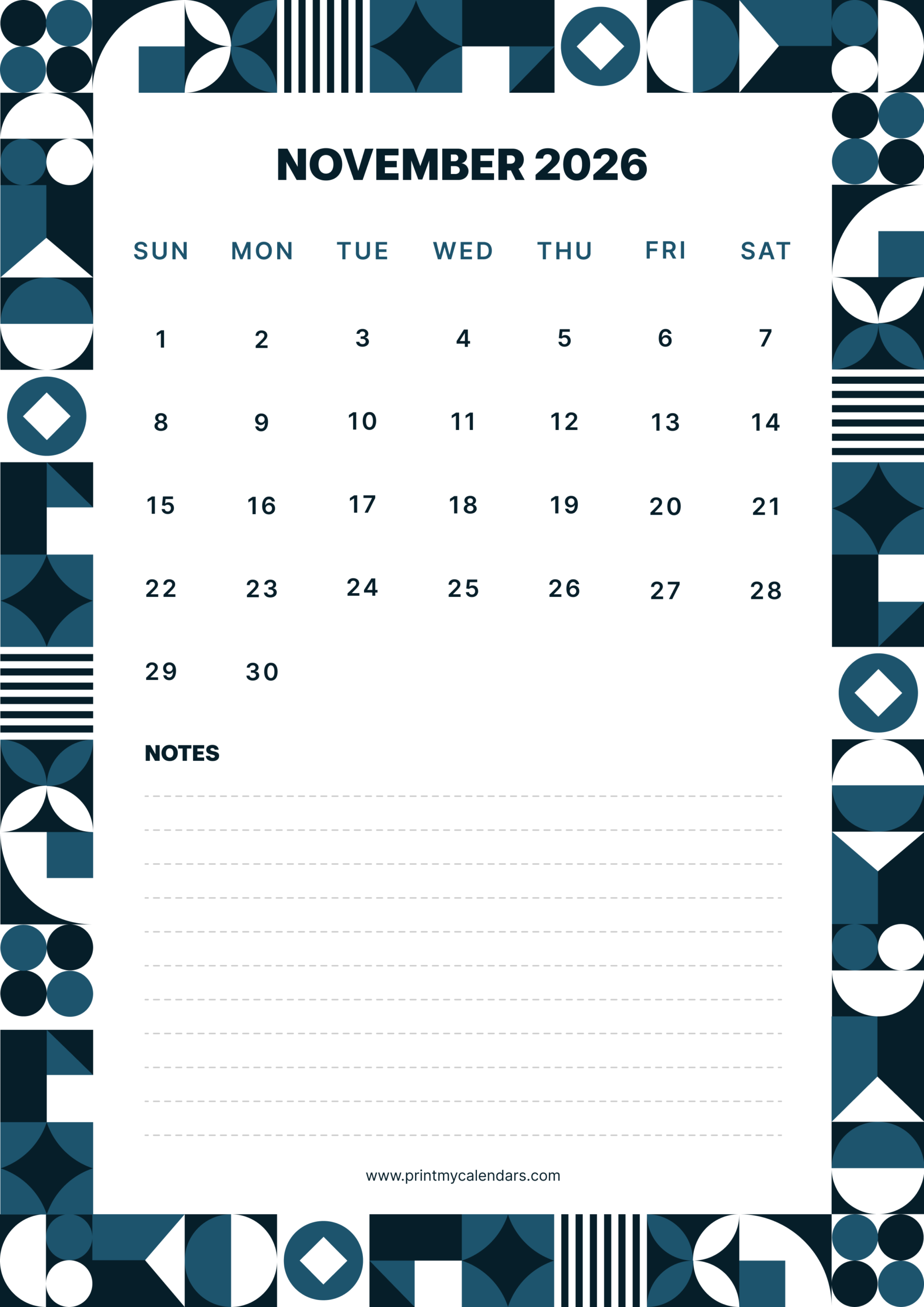 Printable The Bold Geometric Edge November Calendar 2026 Portrait - A4