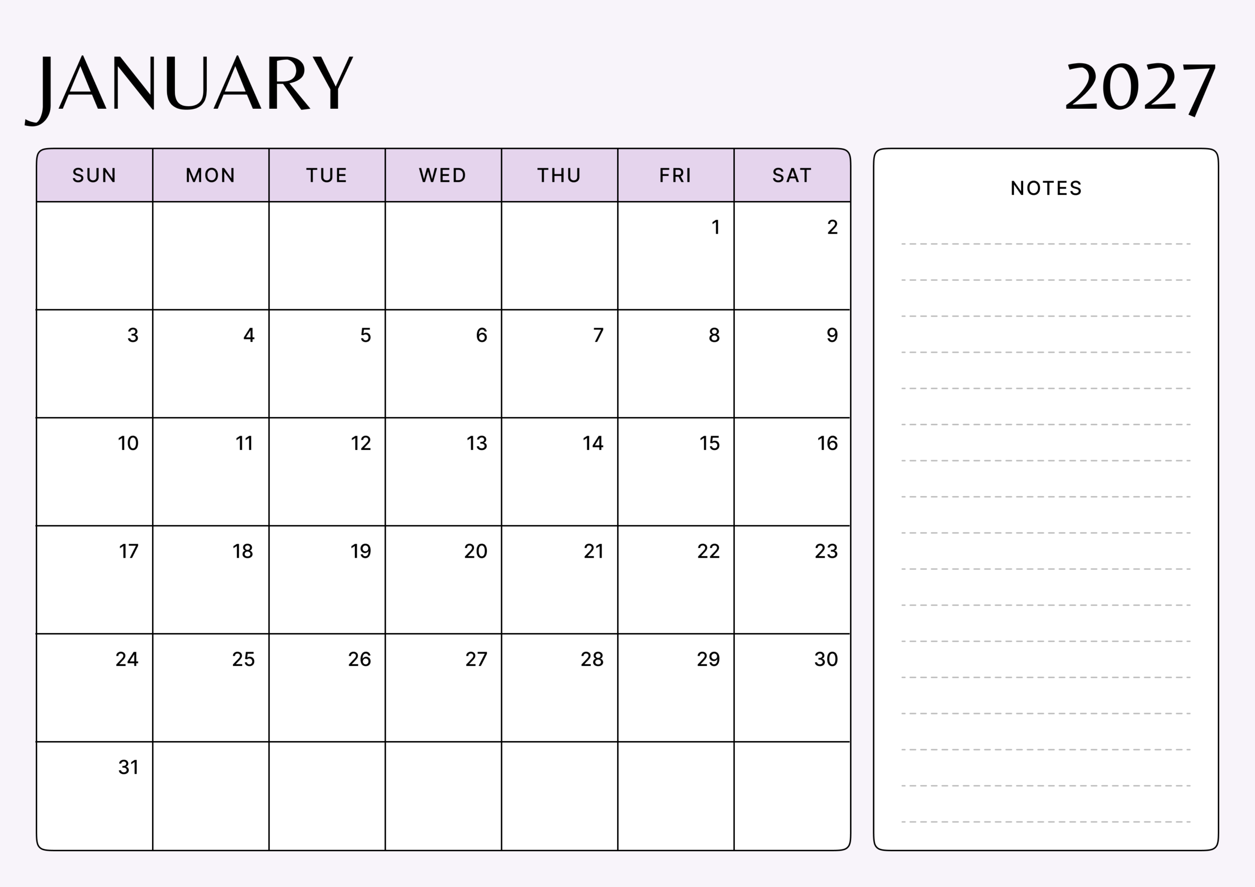 Printable The Lavender Whisper Collection January Calendar 2027 Landscape - A4