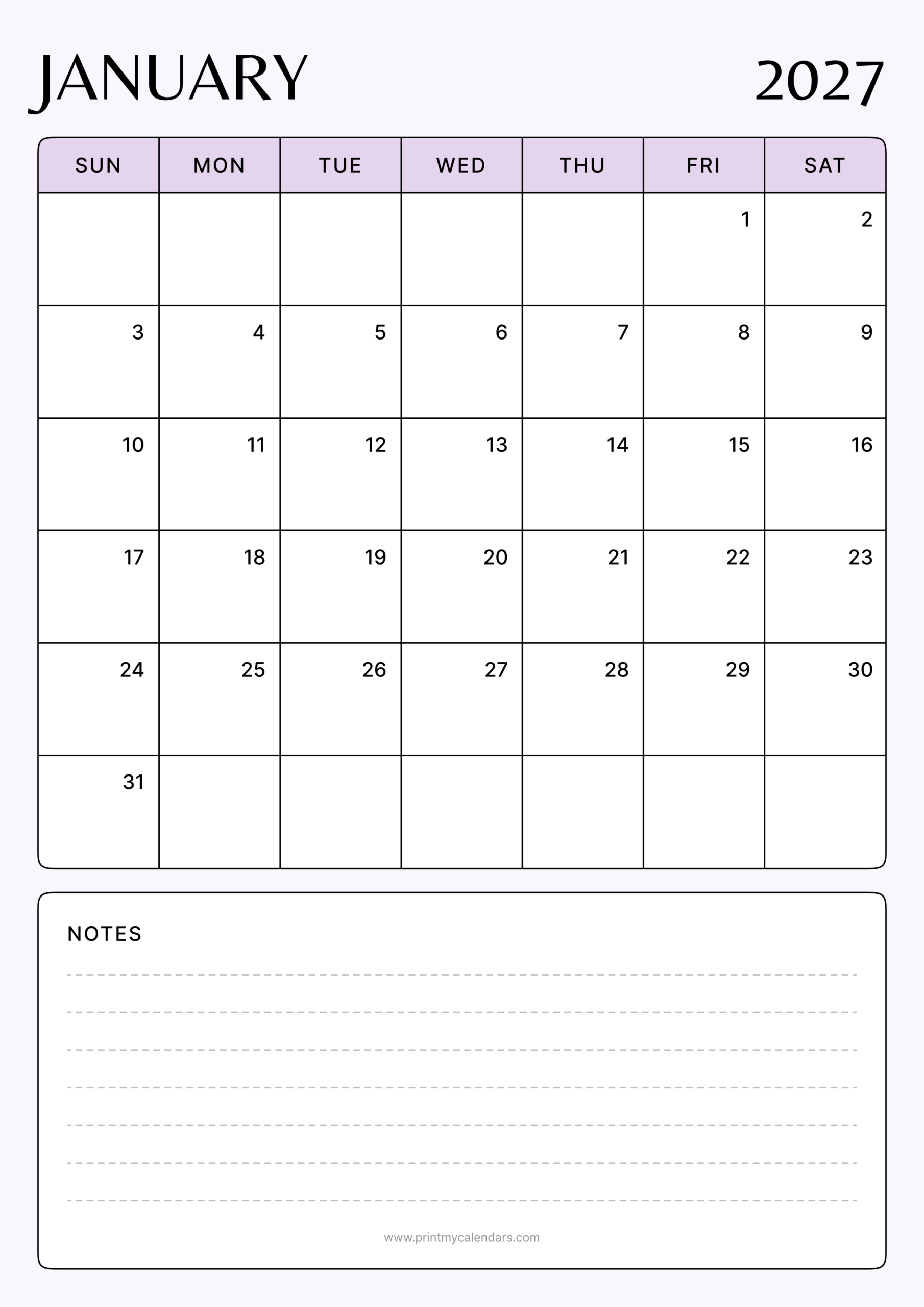 The Lavender Whisper Collection January 2027 Calendar Portrait