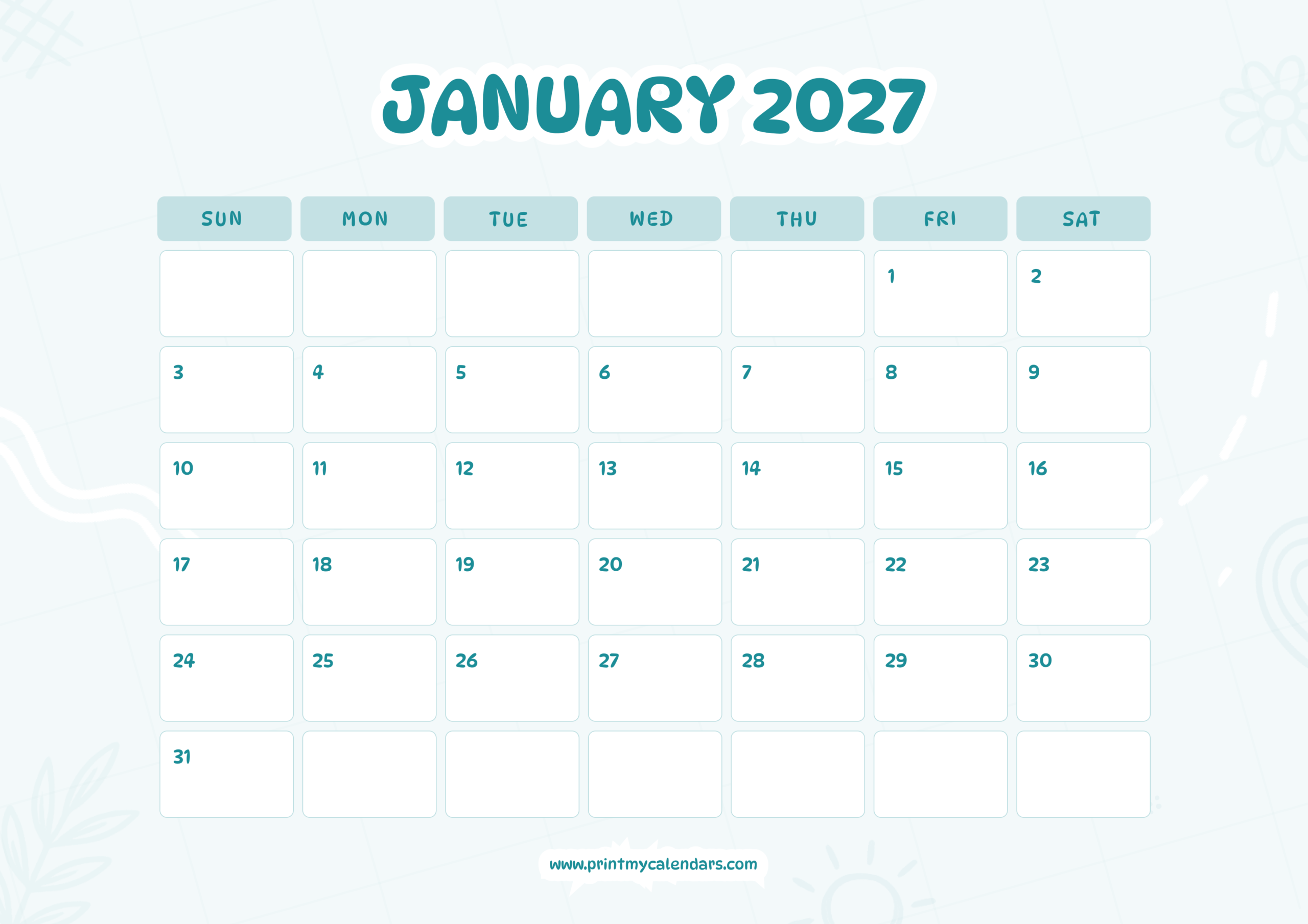 The Aqua Grid Edition January 2027 Calendar Landscape