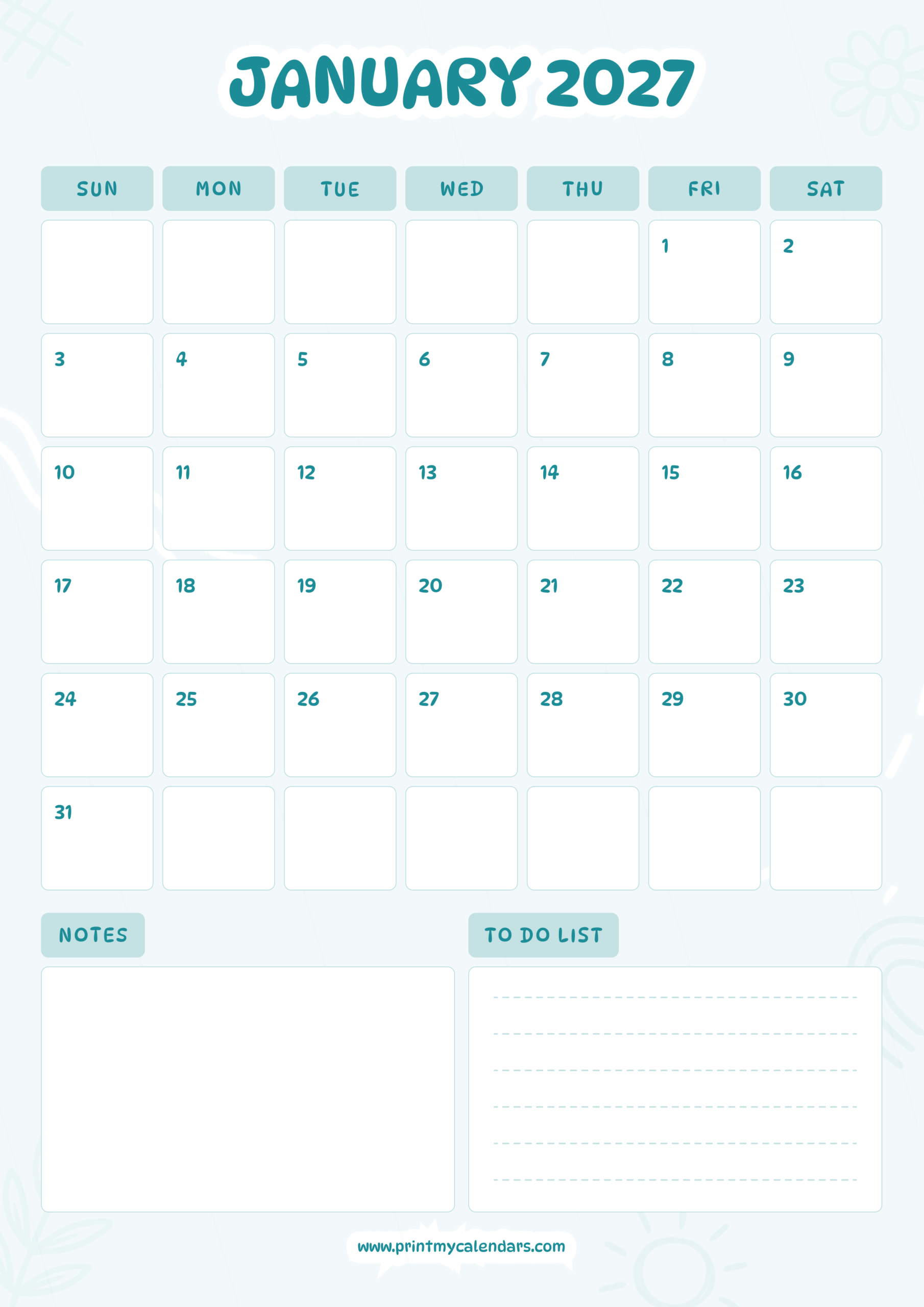 The Aqua Grid Edition January 2027 Calendar Portrait