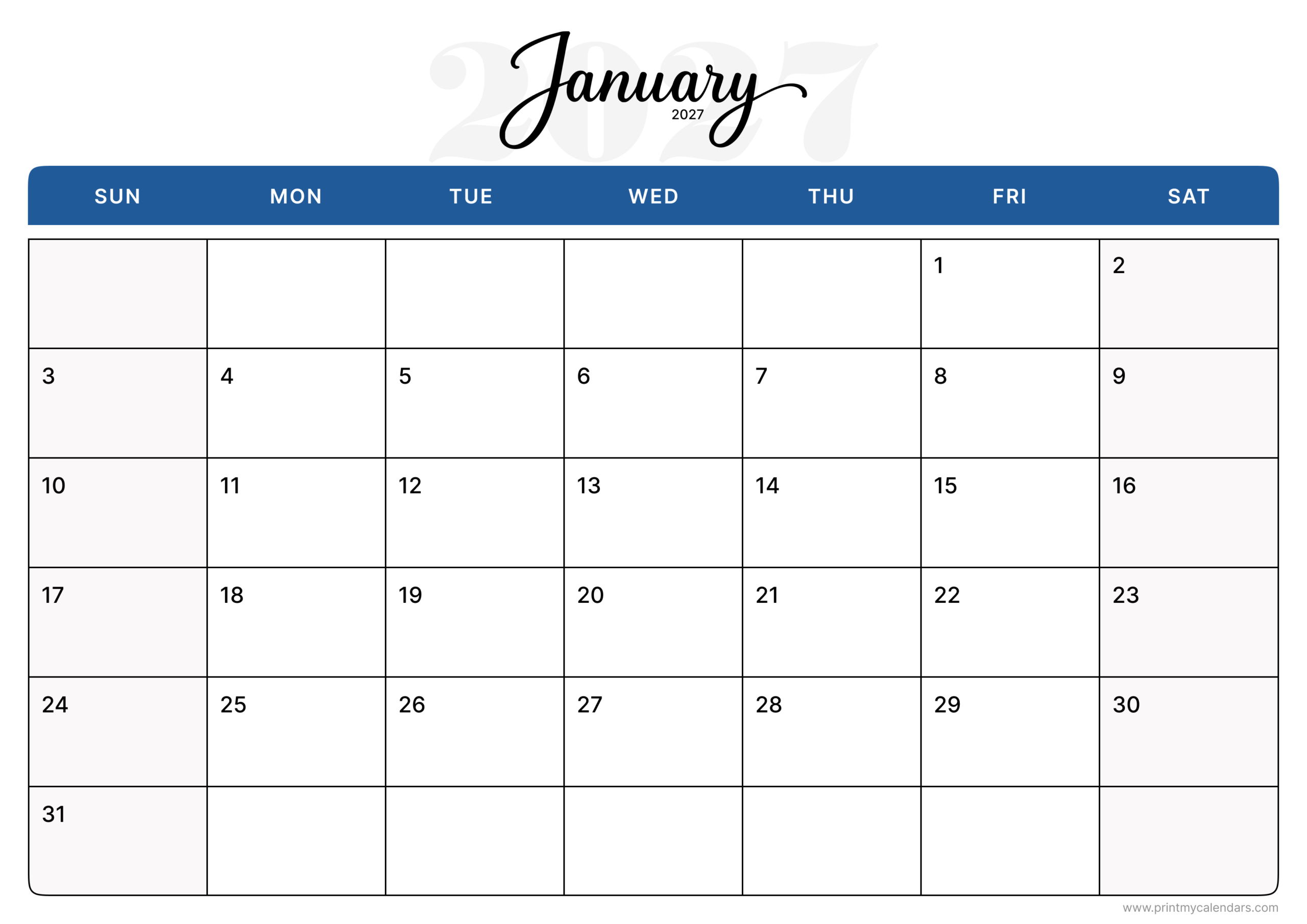 The Executive Cobalt Series January 2027 Calendar Landscape