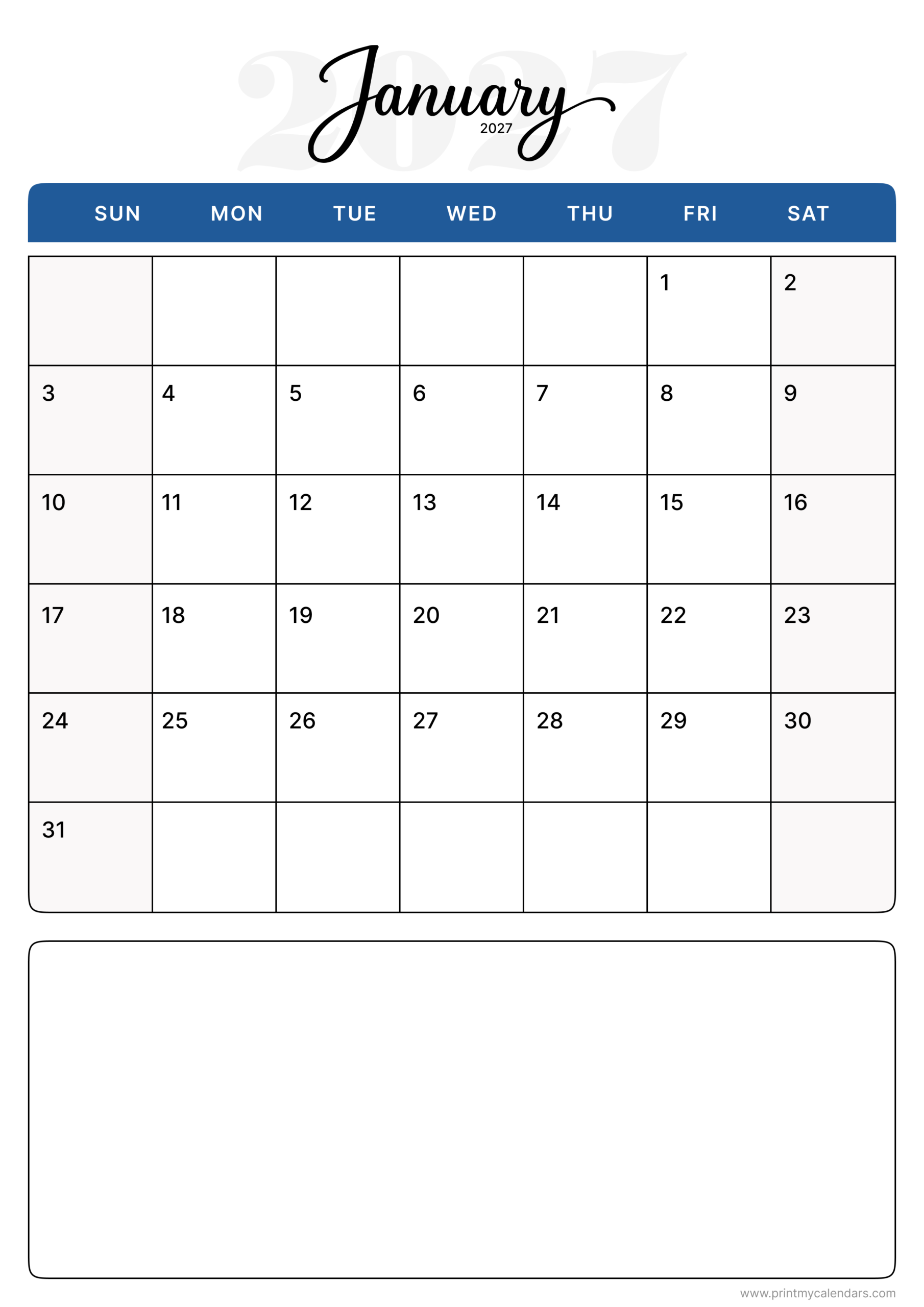 The Executive Cobalt Series January 2027 Calendar Portrait