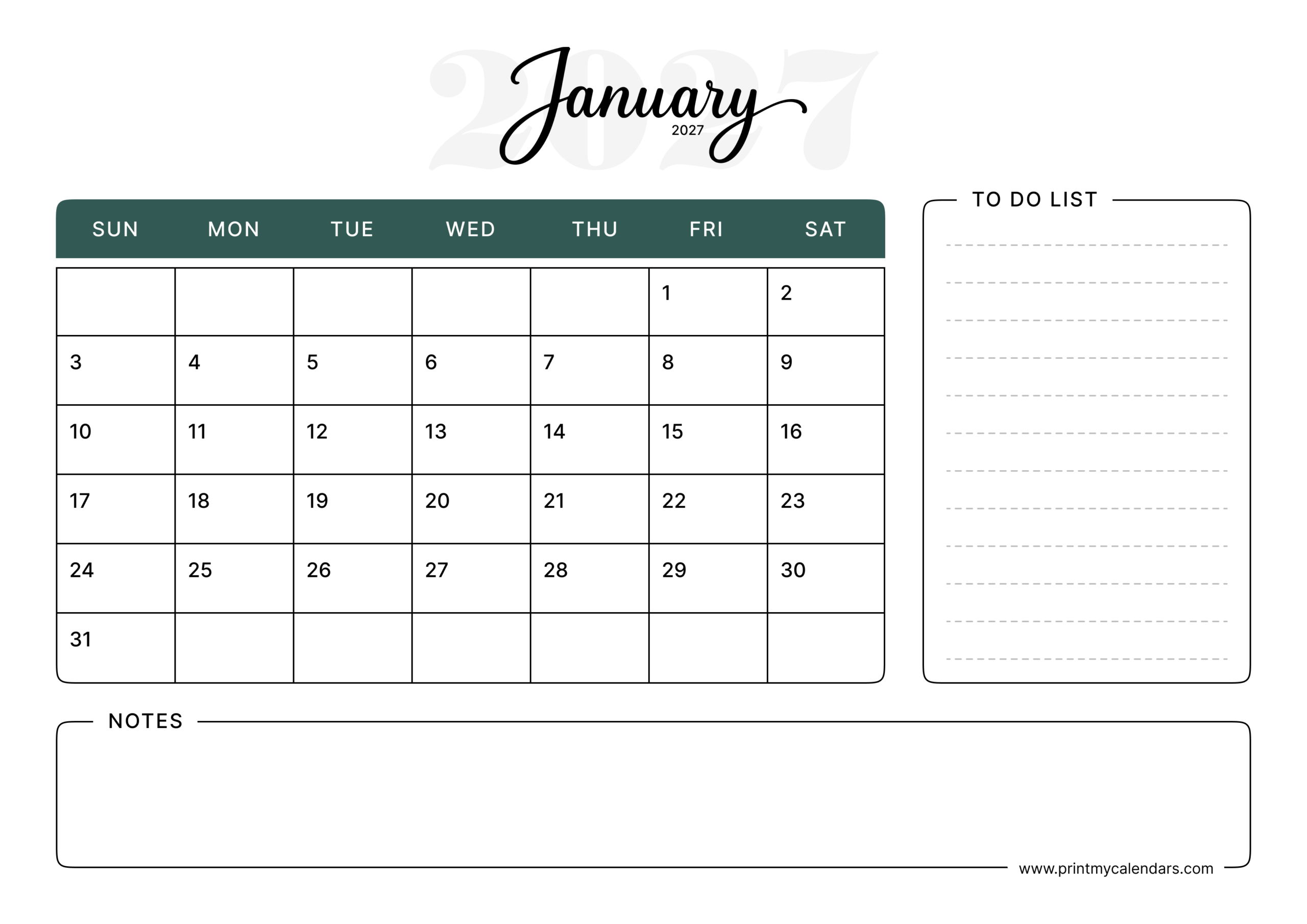 The Forest Minimalist January 2027 Calendar Landscape