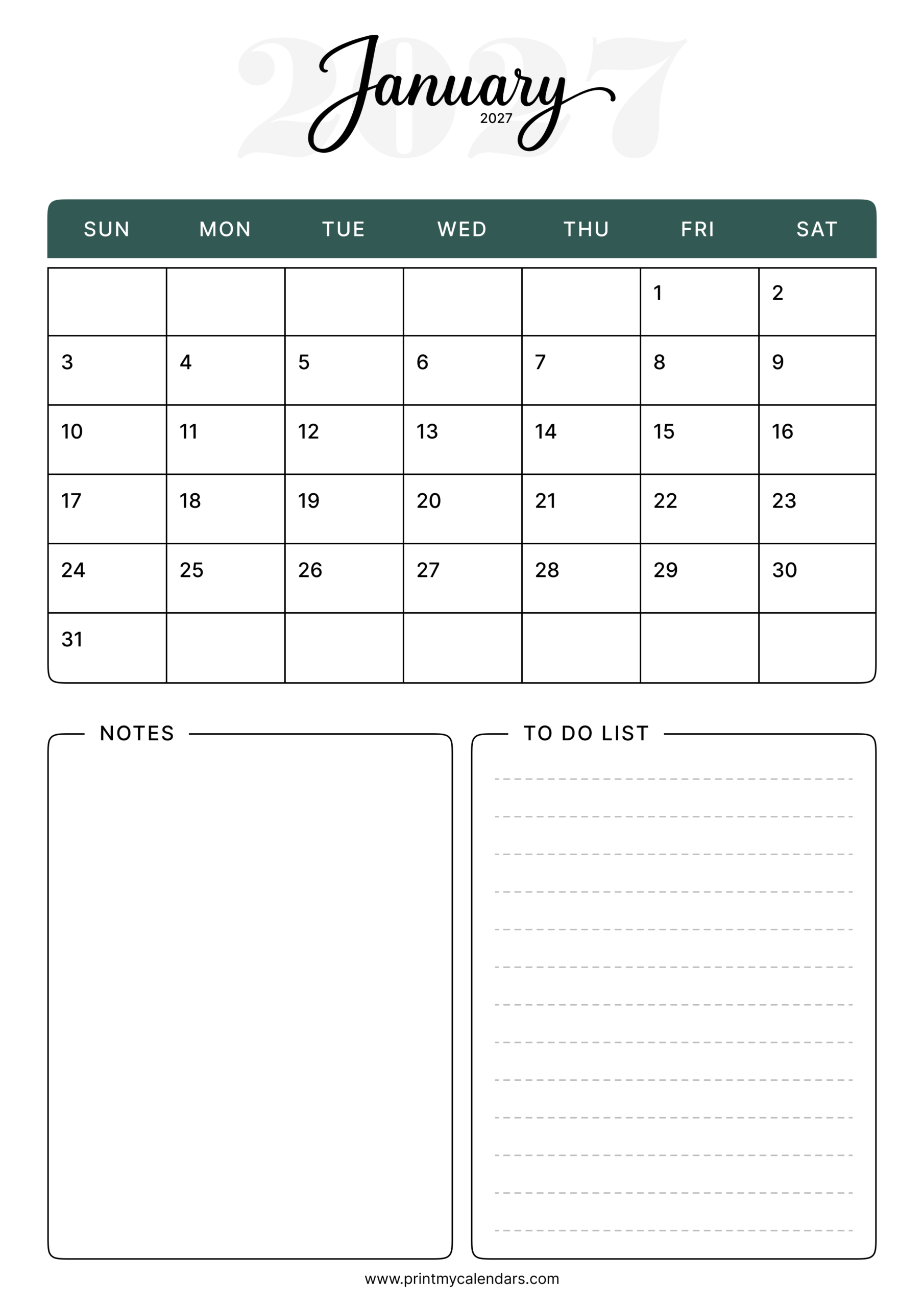 The Forest Minimalist January 2027 Calendar Portrait