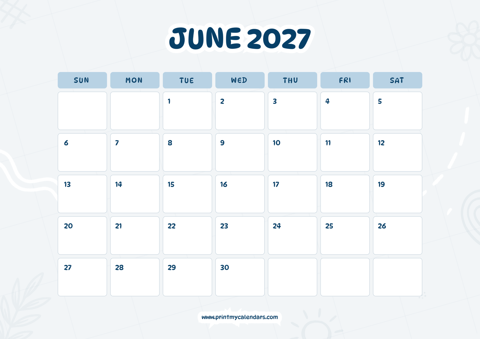 Printable Azure Notes Pro June calendar 2027 Landscape A4