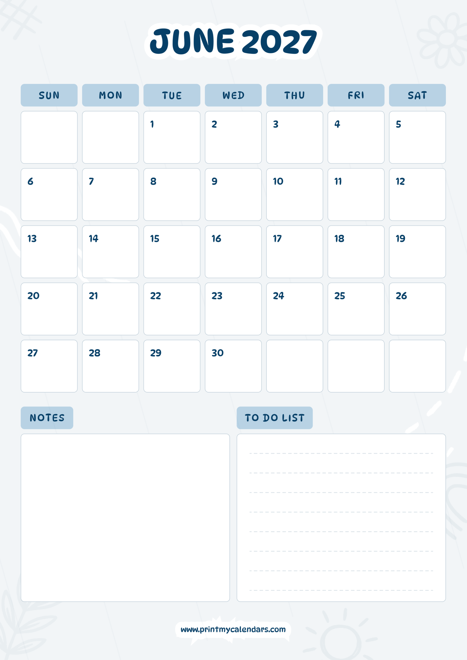 Printable Azure Notes Pro June calendar 2027 Portrait A4