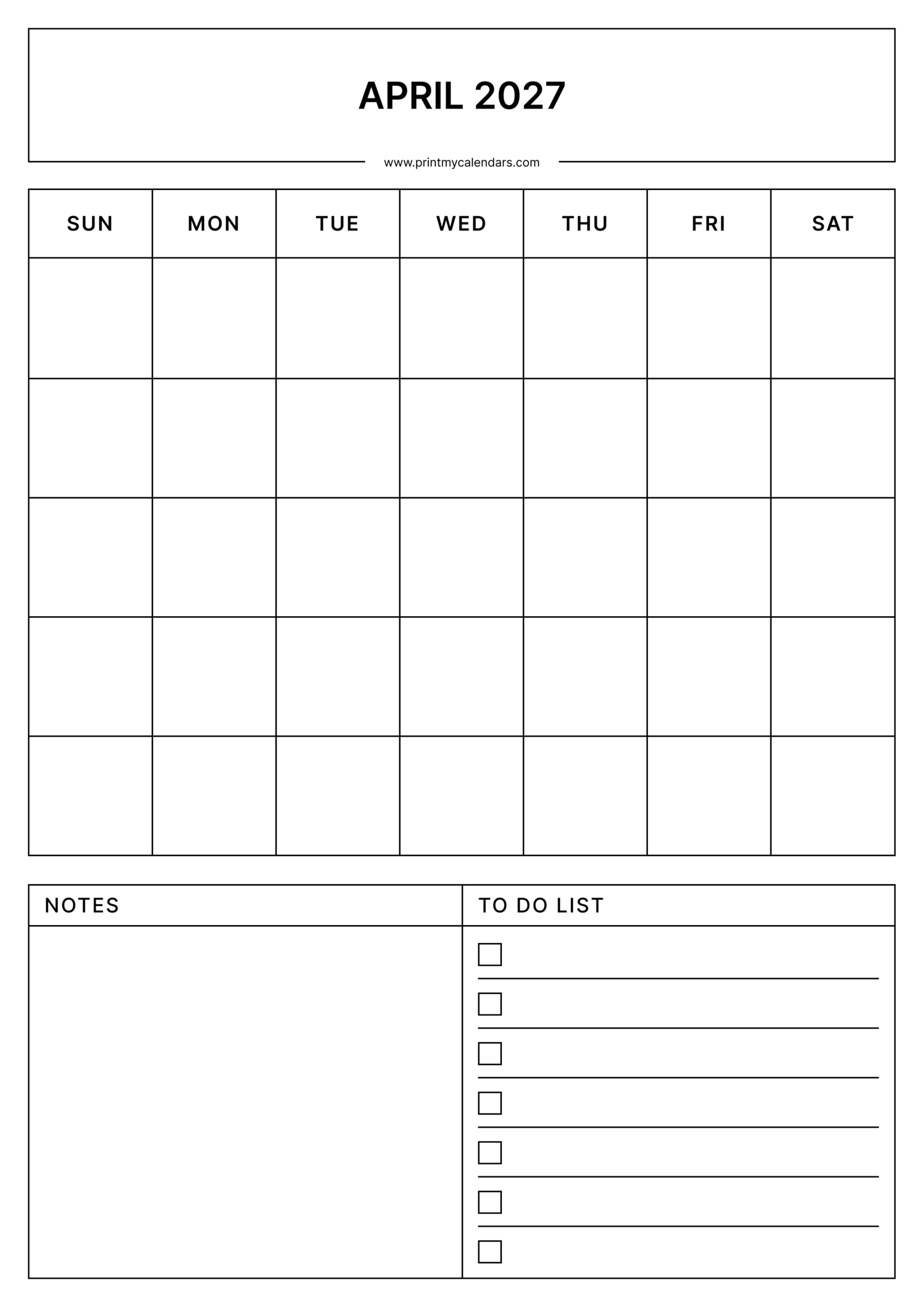 Printable Blank April calendar 2027 Portrait A4