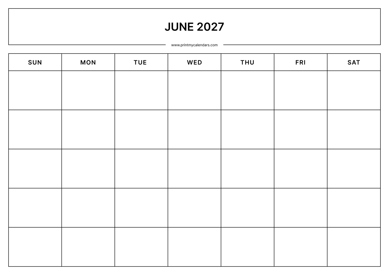 Printable Blank June calendar 2027 Landscape A4