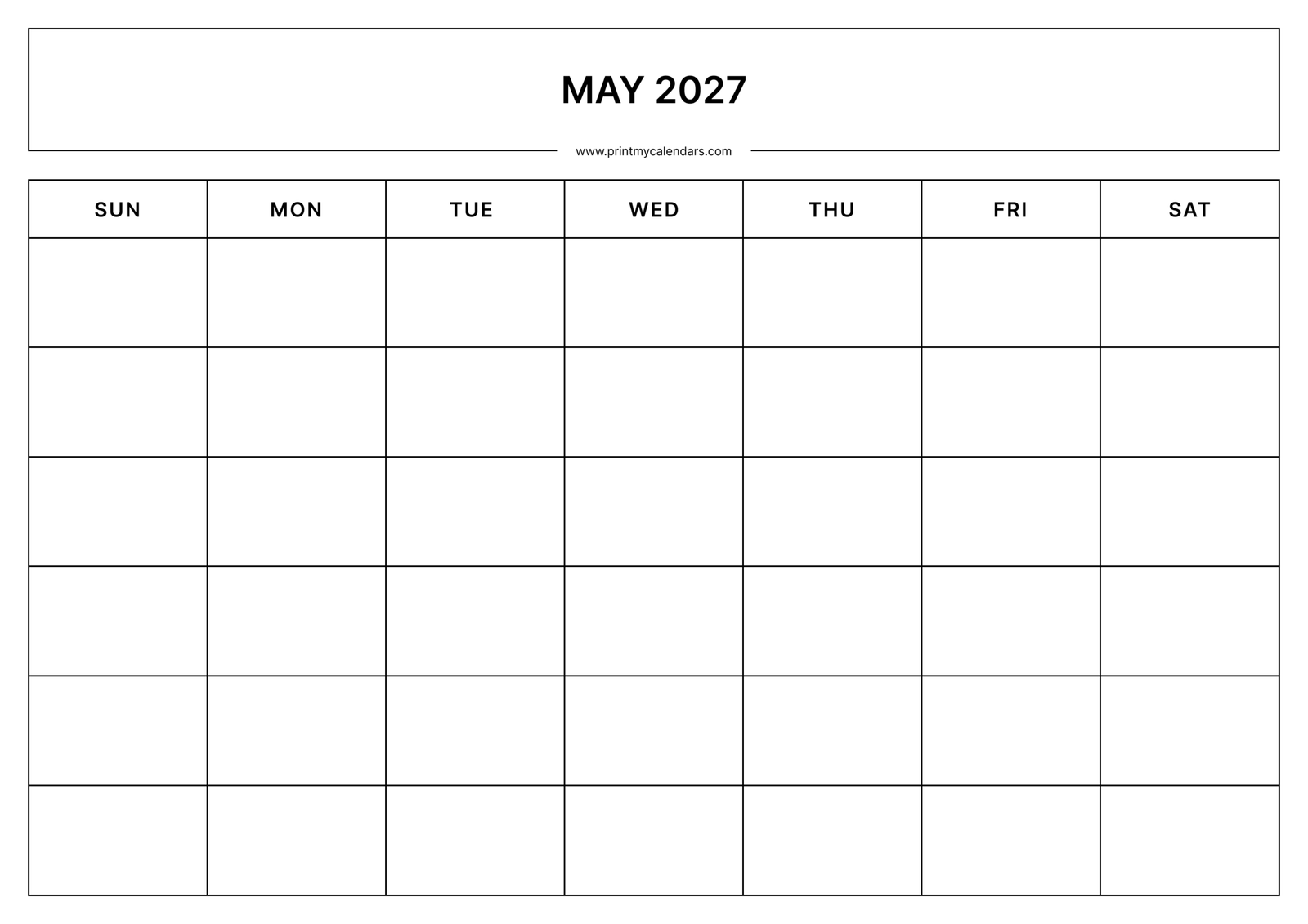 Printable Blank May calendar 2027 Landscape A4