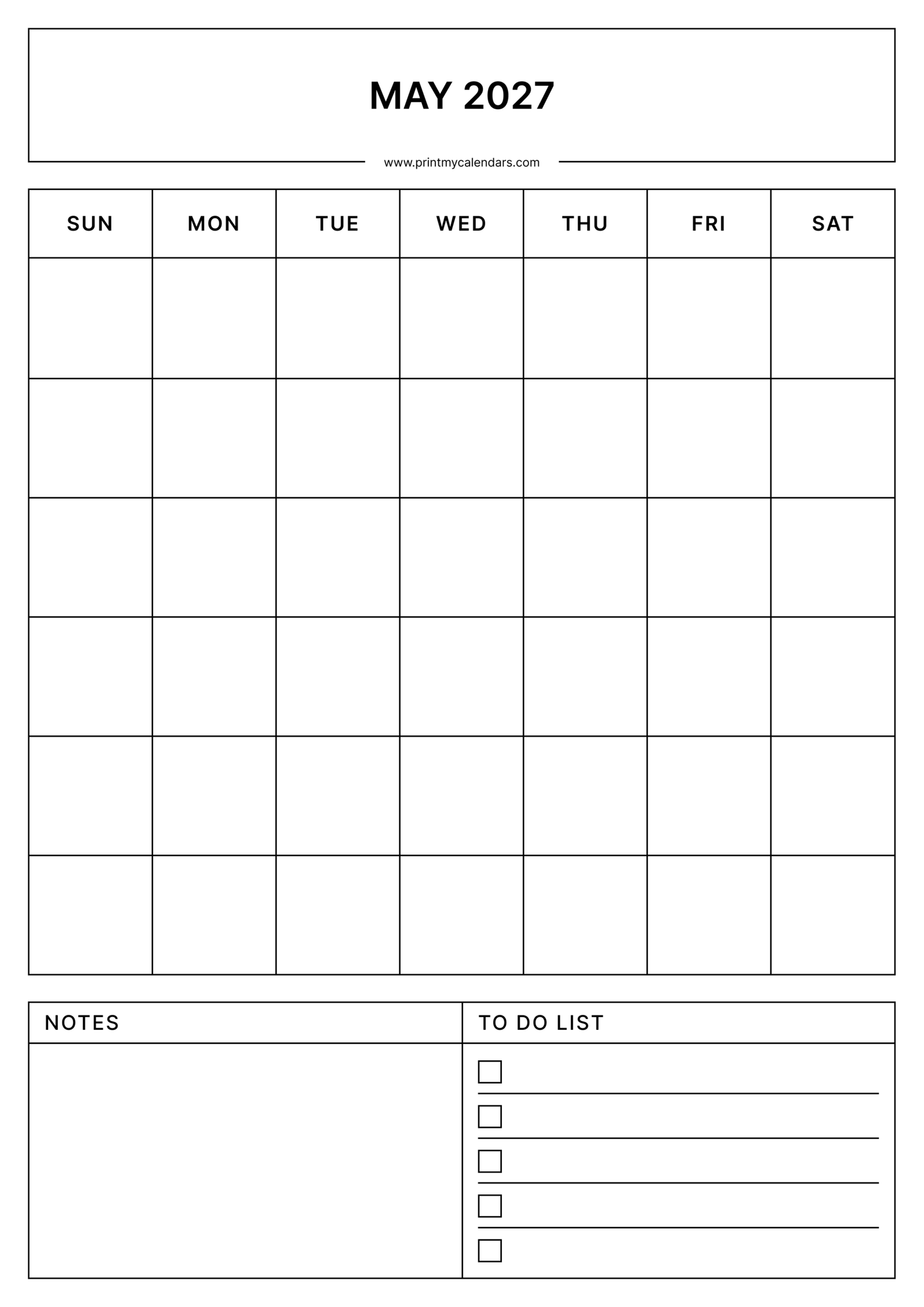 Printable Blank May calendar 2027 Portrait A4