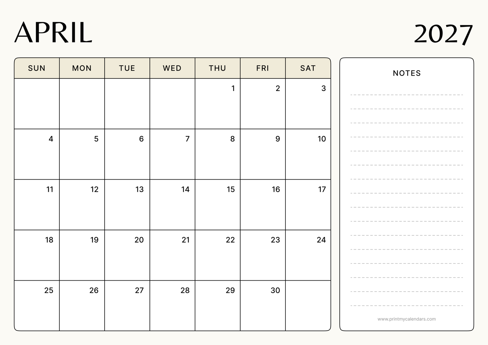 Printable Classic Beige Minimalist April calendar 2027 Landscape A4