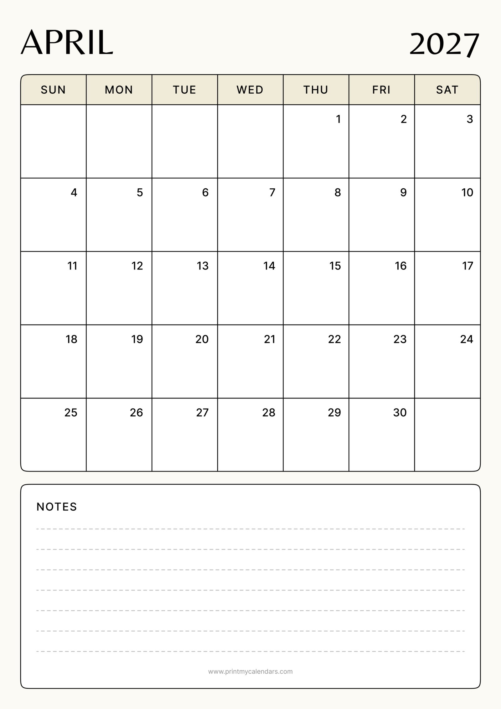 Printable Classic Beige Minimalist April calendar 2027 Portrait A4